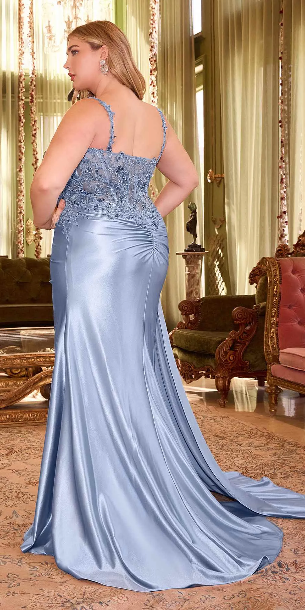 Ladivine CDS496 Long Fitted Stretch Satin Gown With Sash
