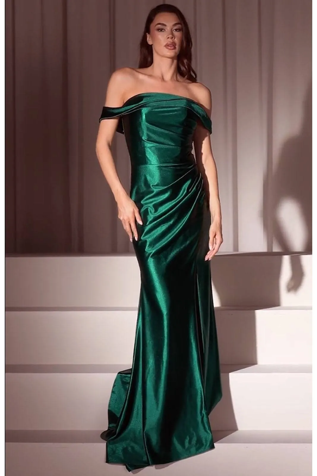 Ladivine J877 Dress Glistening Satin Off the Shoulder Gown