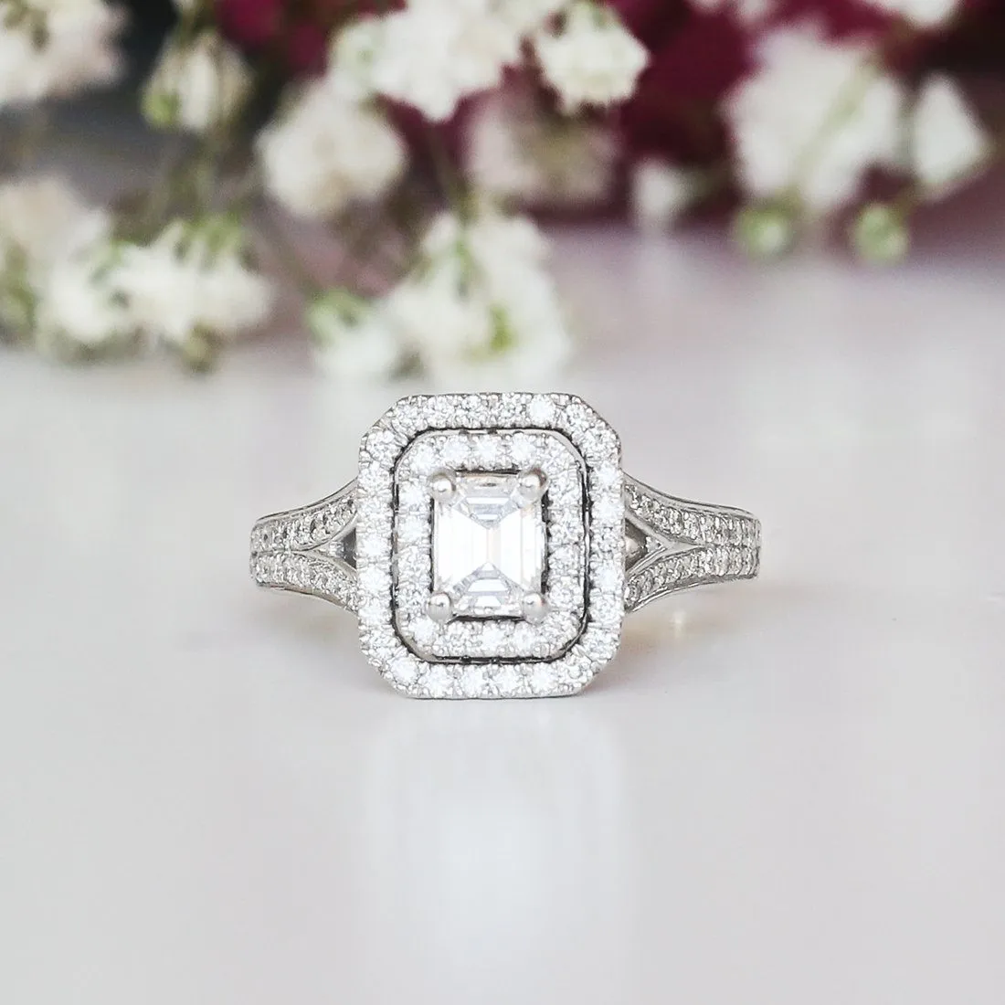 Love by Michelle Beville Emerald Double Halo Solitaire Ring with 1.00ct of Diamonds in 18ct White Gold
