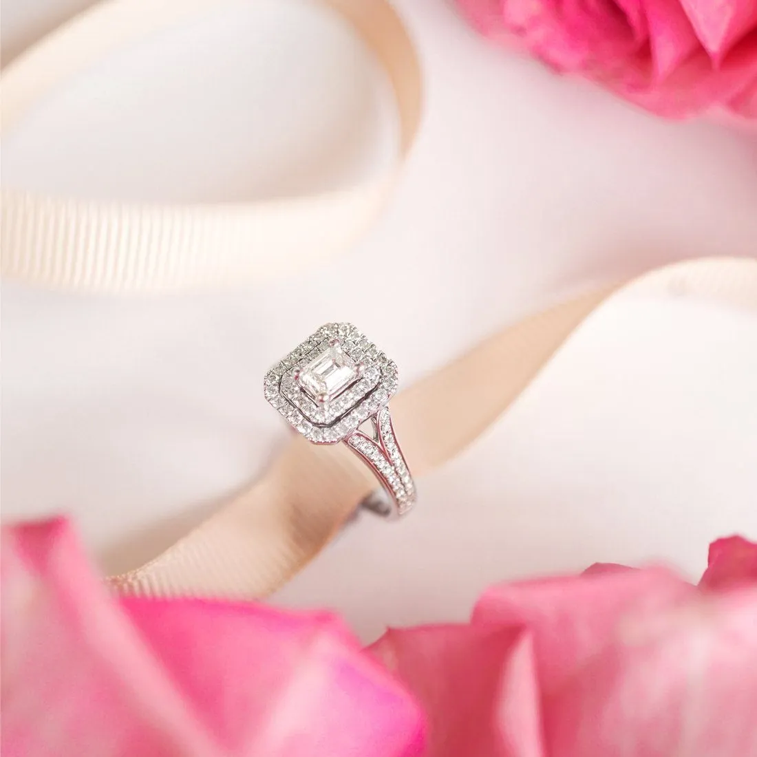 Love by Michelle Beville Emerald Double Halo Solitaire Ring with 1.00ct of Diamonds in 18ct White Gold