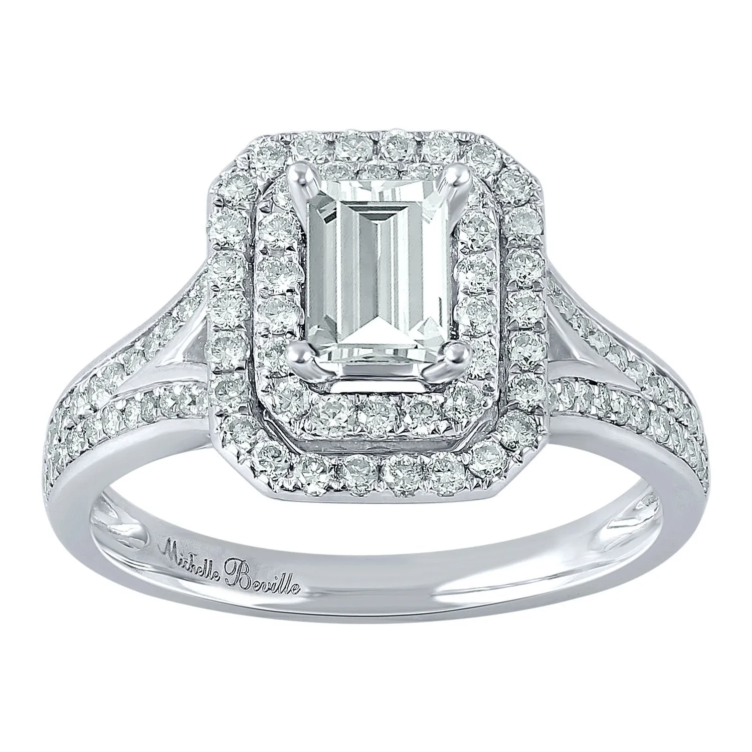 Love by Michelle Beville Emerald Double Halo Solitaire Ring with 1.00ct of Diamonds in 18ct White Gold