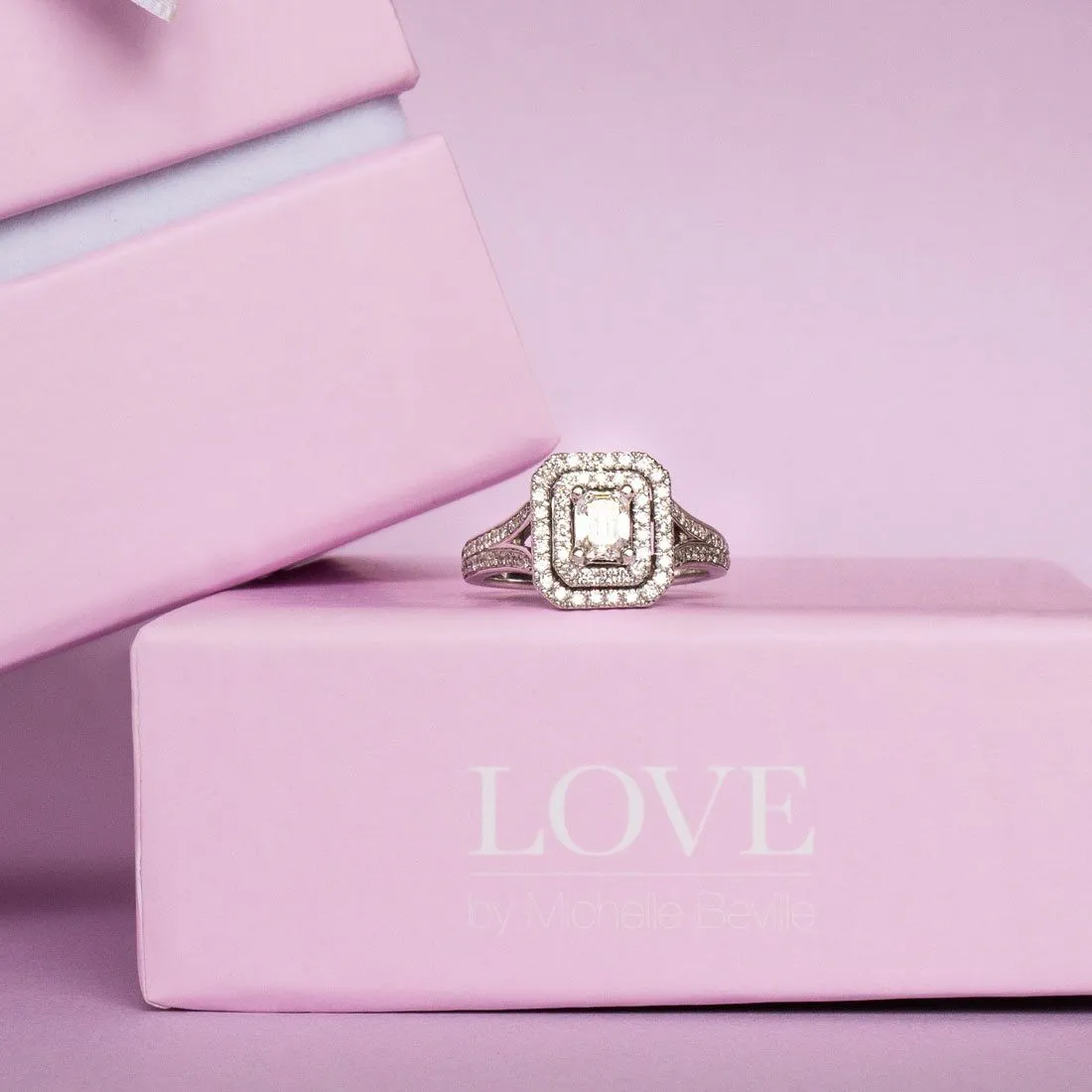 Love by Michelle Beville Emerald Double Halo Solitaire Ring with 1.00ct of Diamonds in 18ct White Gold