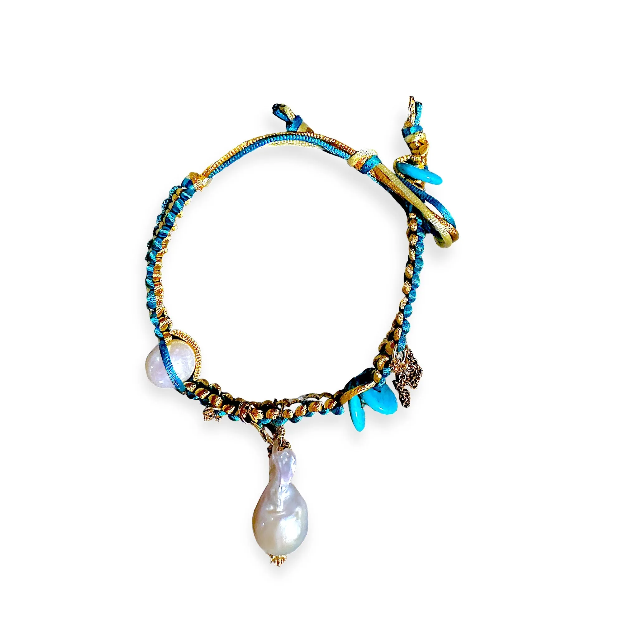 MEXICAN DREAM BAROQUE PEARL TURQUOISE GOLD STAR AND CHAIN SILK ROCKSTAR ANKLET