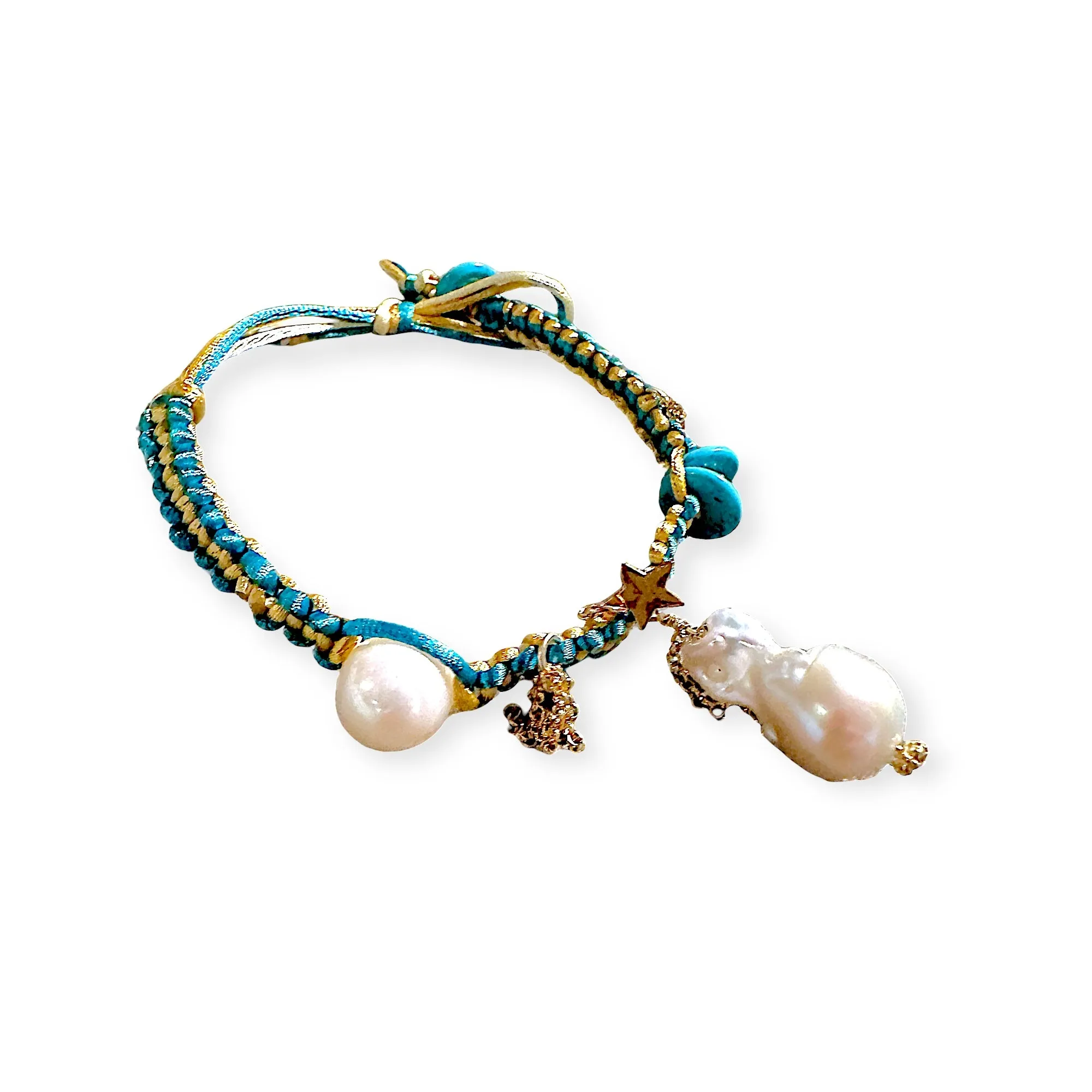 MEXICAN DREAM BAROQUE PEARL TURQUOISE GOLD STAR AND CHAIN SILK ROCKSTAR ANKLET