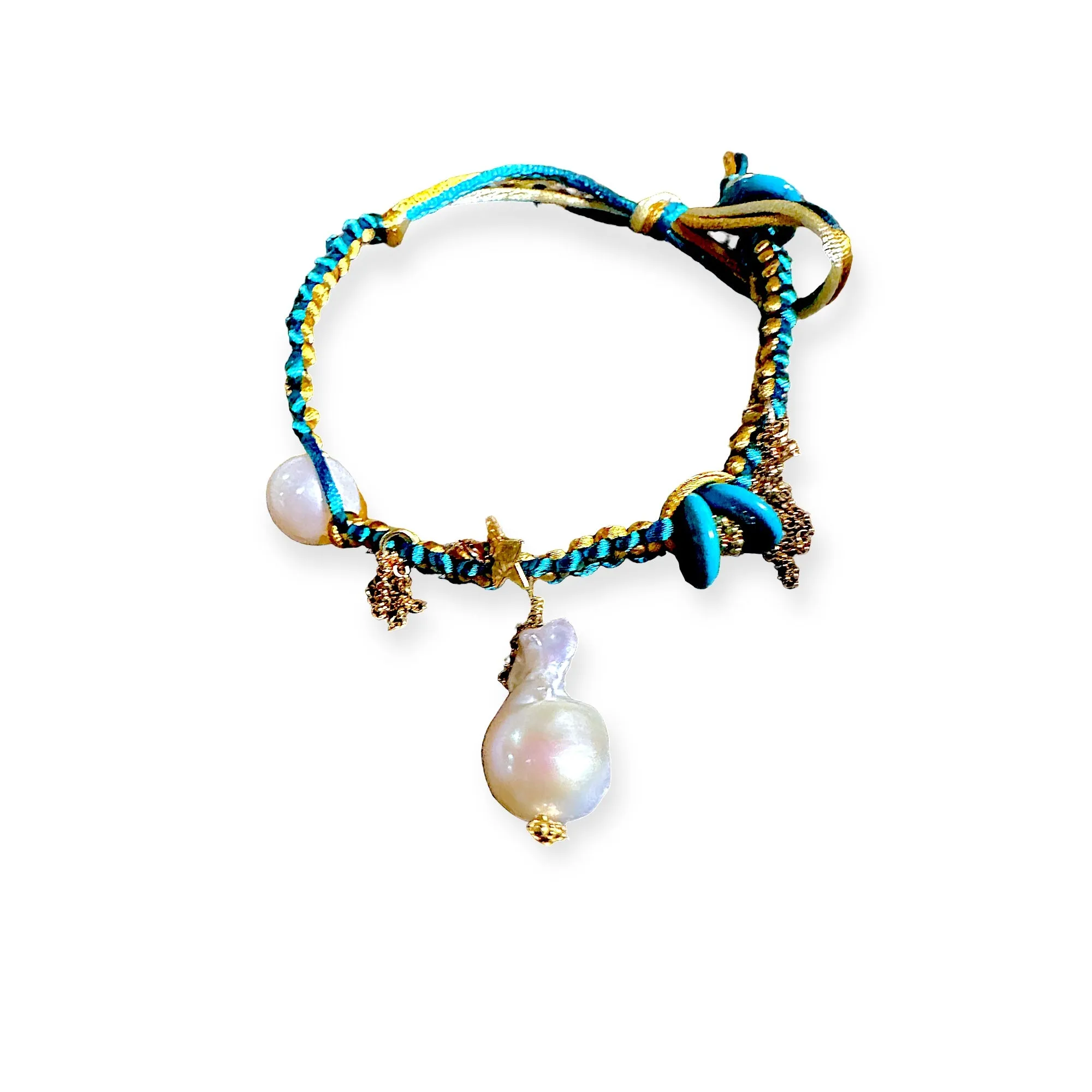 MEXICAN DREAM BAROQUE PEARL TURQUOISE GOLD STAR AND CHAIN SILK ROCKSTAR ANKLET