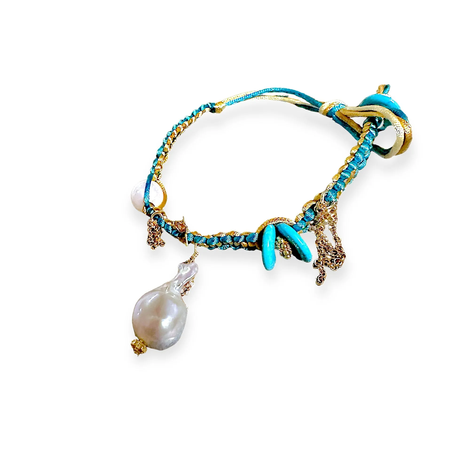 MEXICAN DREAM BAROQUE PEARL TURQUOISE GOLD STAR AND CHAIN SILK ROCKSTAR ANKLET