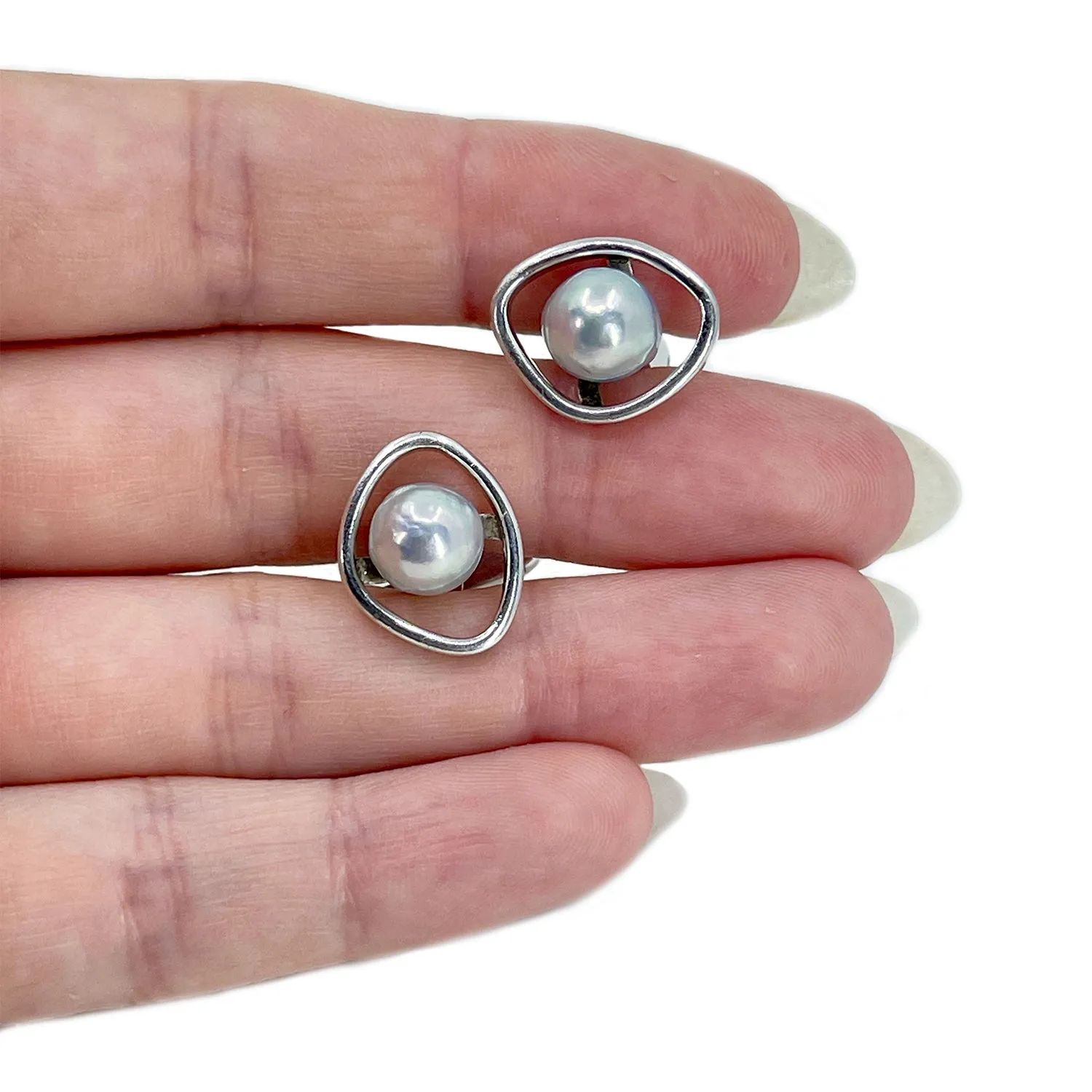 Modernist Blue Akoya Saltwater Cultured Pearl Vintage Mens Cufflinks- Sterling Silver