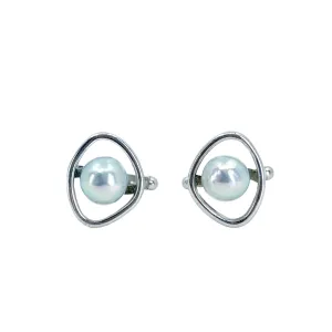 Modernist Blue Akoya Saltwater Cultured Pearl Vintage Mens Cufflinks- Sterling Silver