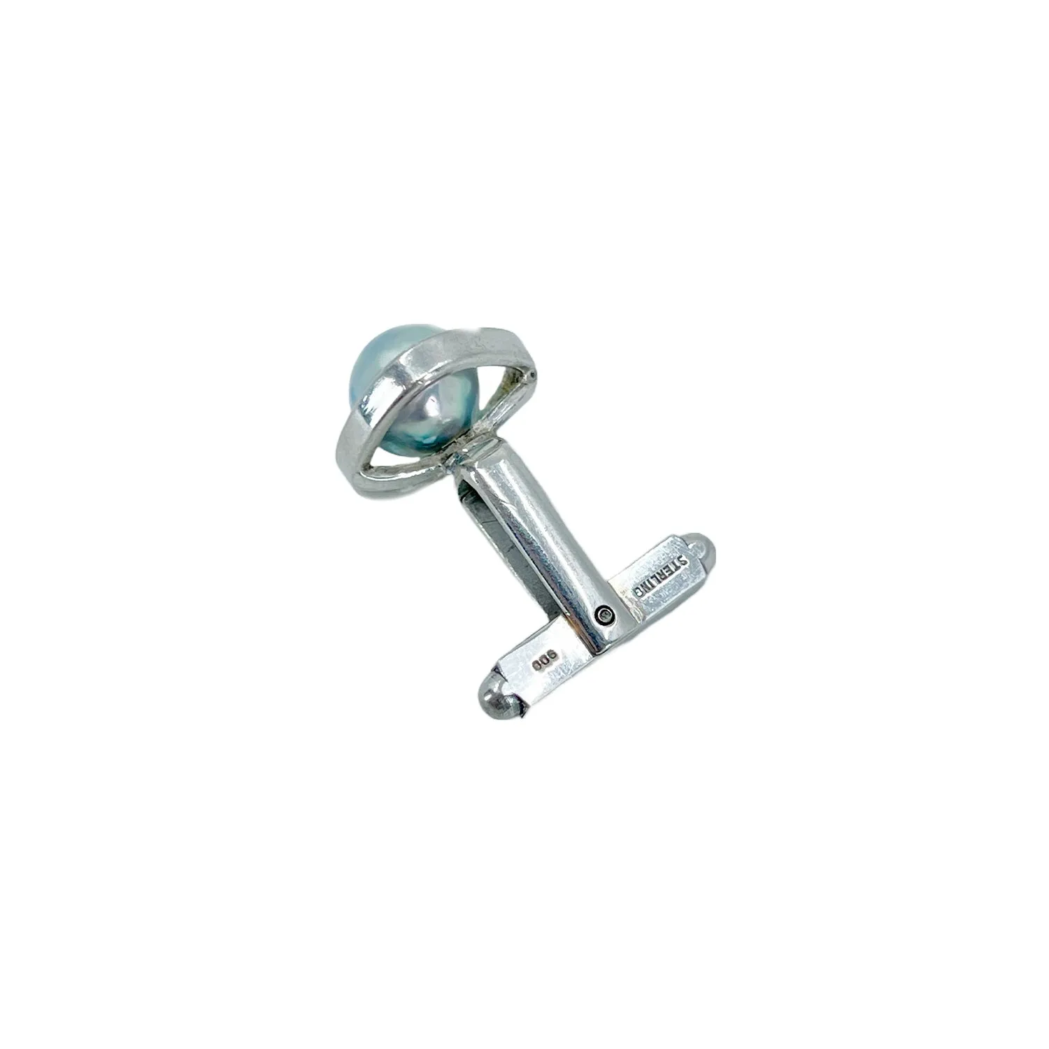 Modernist Blue Akoya Saltwater Cultured Pearl Vintage Mens Cufflinks- Sterling Silver