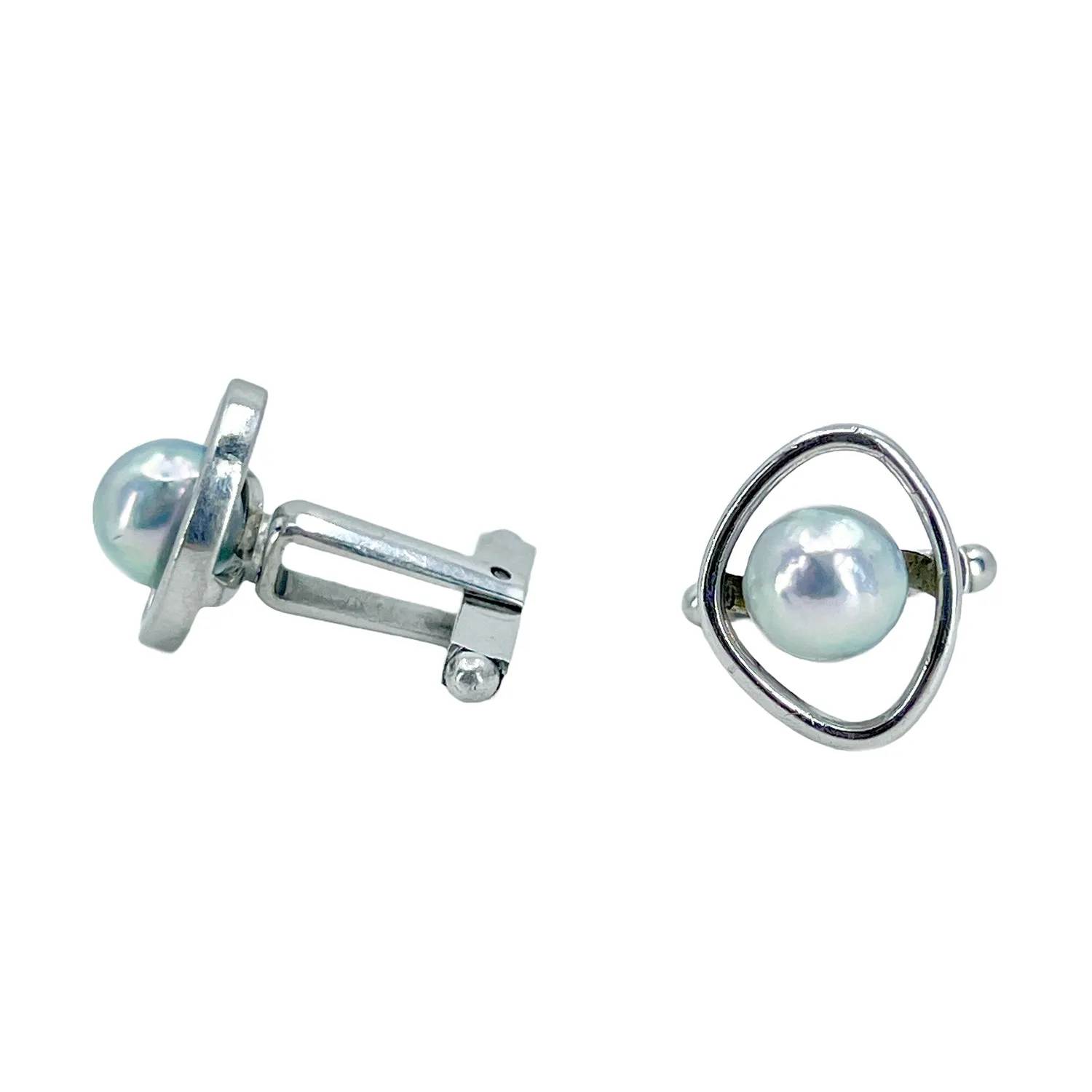 Modernist Blue Akoya Saltwater Cultured Pearl Vintage Mens Cufflinks- Sterling Silver