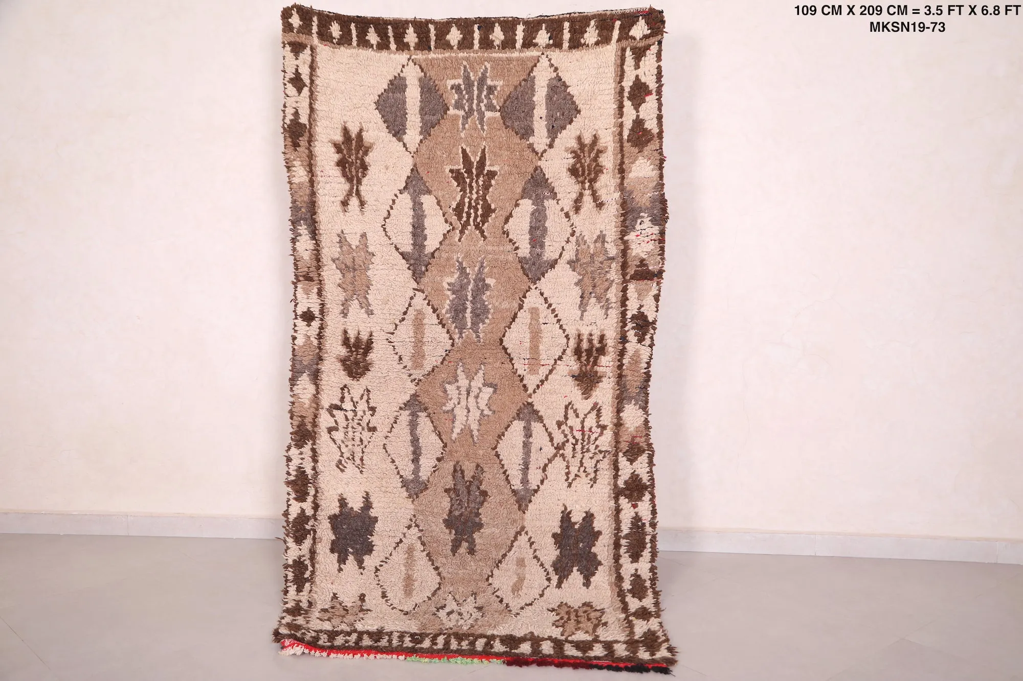 Moroccan Rug 3.5 X 6.8 Feet - Neutral Tones with Diamond Shapes
