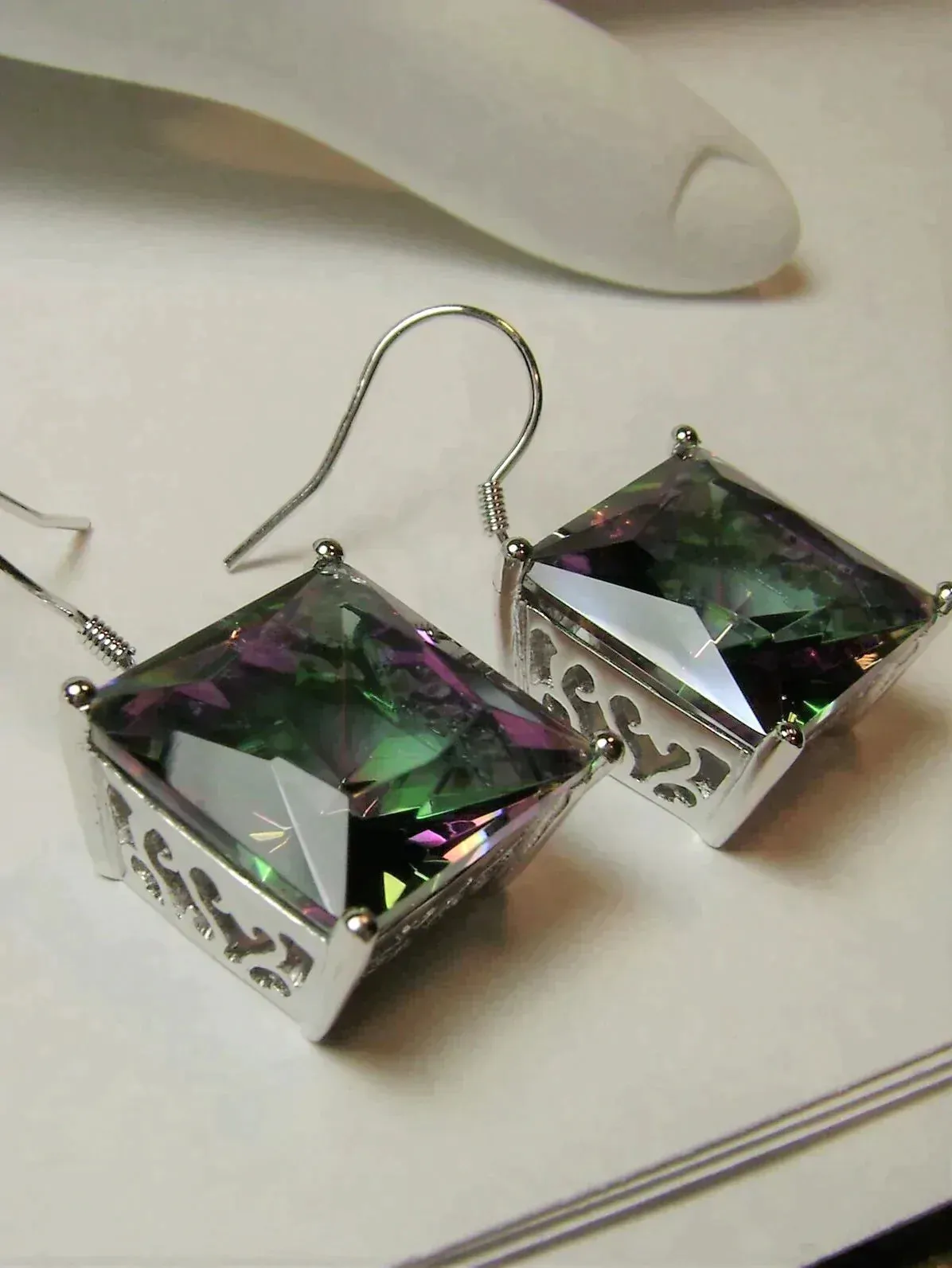 Mystic Rainbow Topaz Earrings, Silver Art Nouveau Filigree, Vintage Style Jewelry #E45