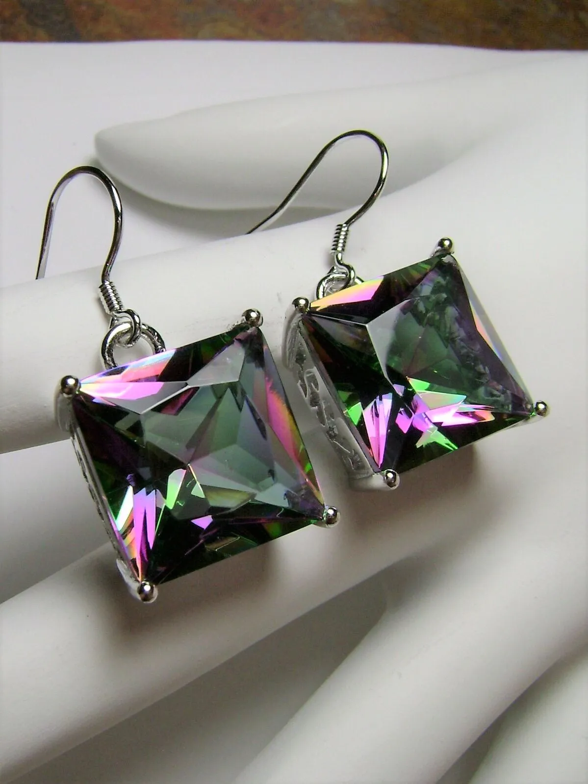 Mystic Rainbow Topaz Earrings, Silver Art Nouveau Filigree, Vintage Style Jewelry #E45