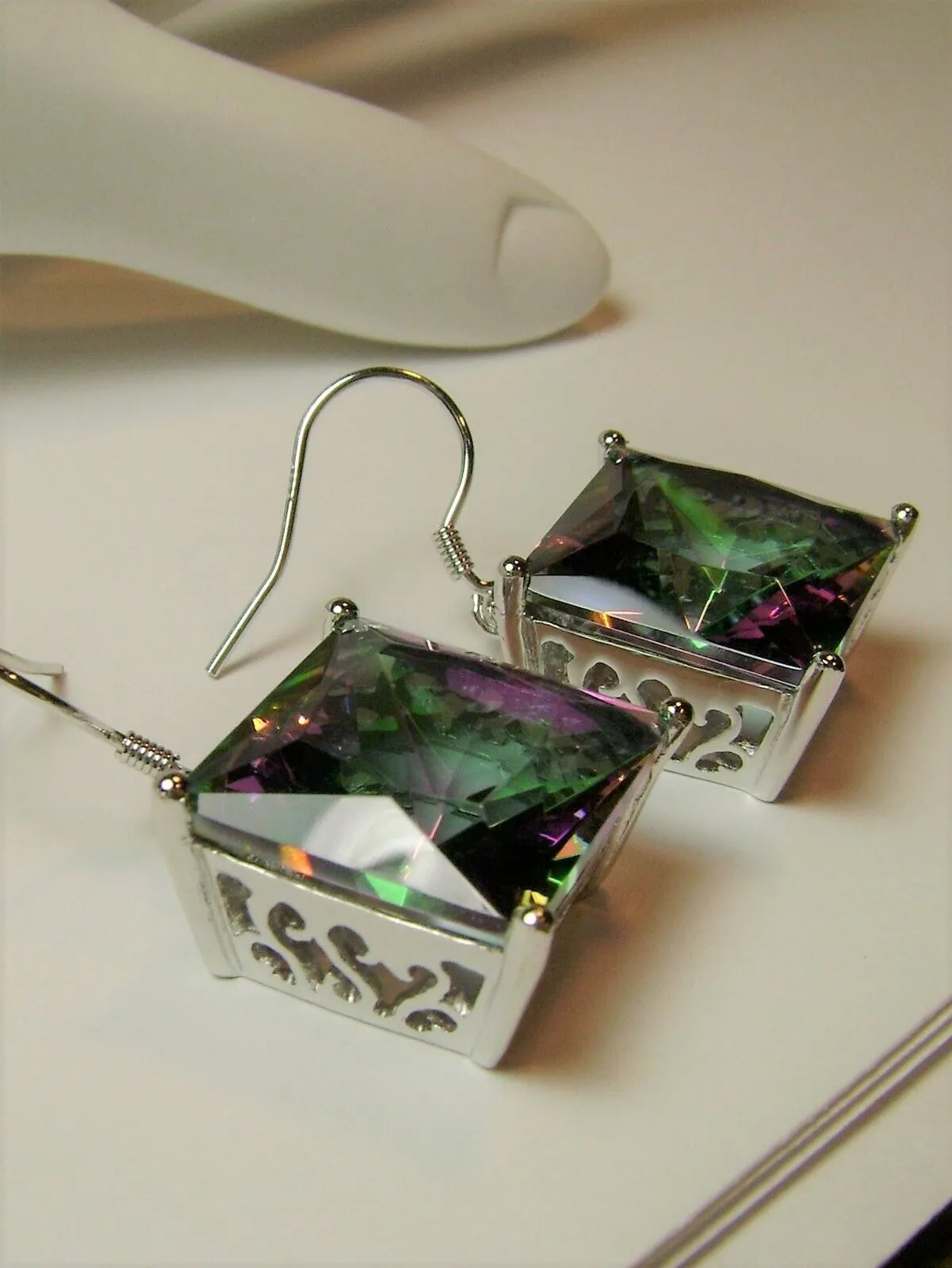 Mystic Rainbow Topaz Earrings, Silver Art Nouveau Filigree, Vintage Style Jewelry #E45