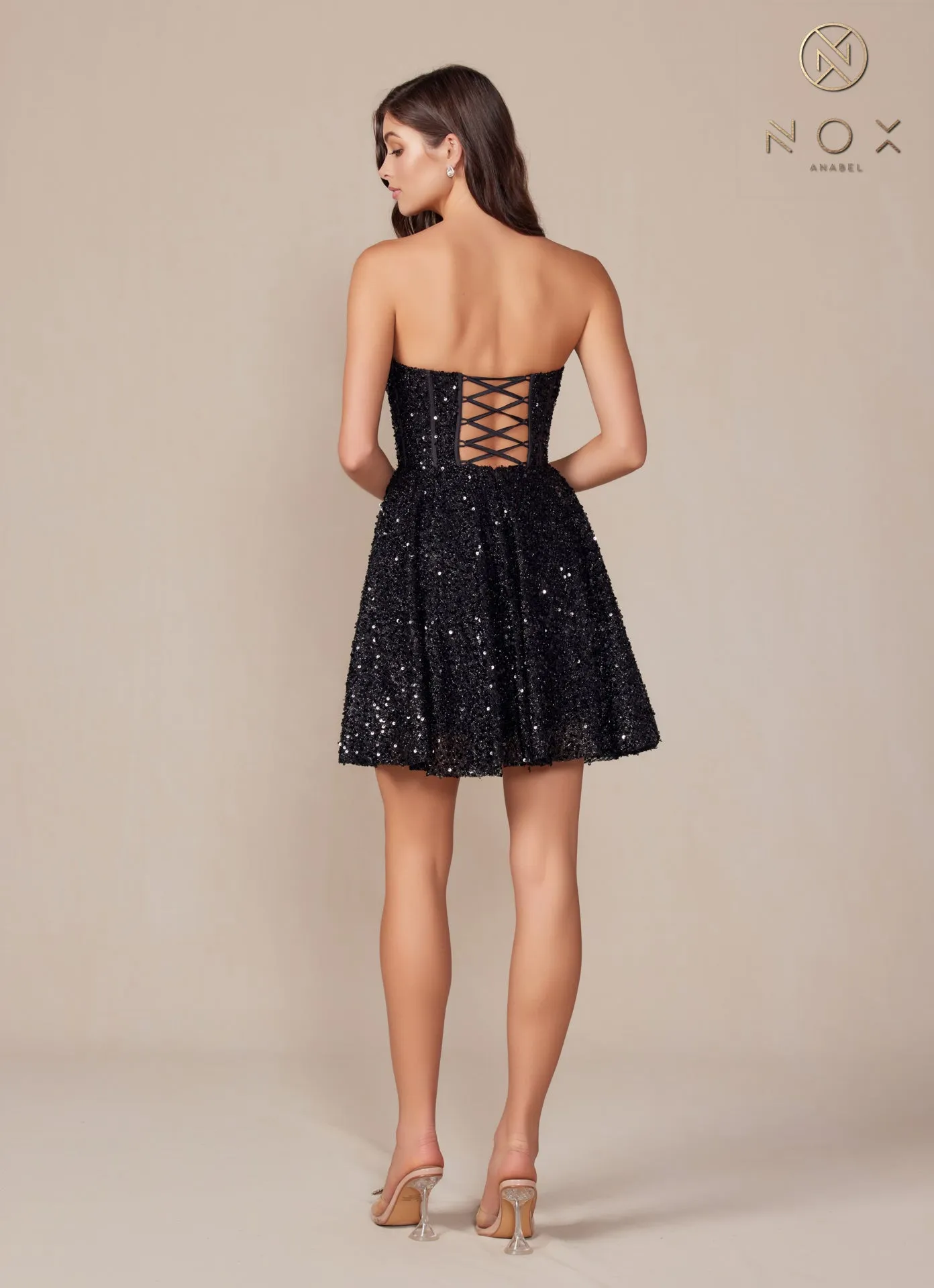 N A843 - Short Full Sequin A-Line Homecoming Dress with Boned Corset Top