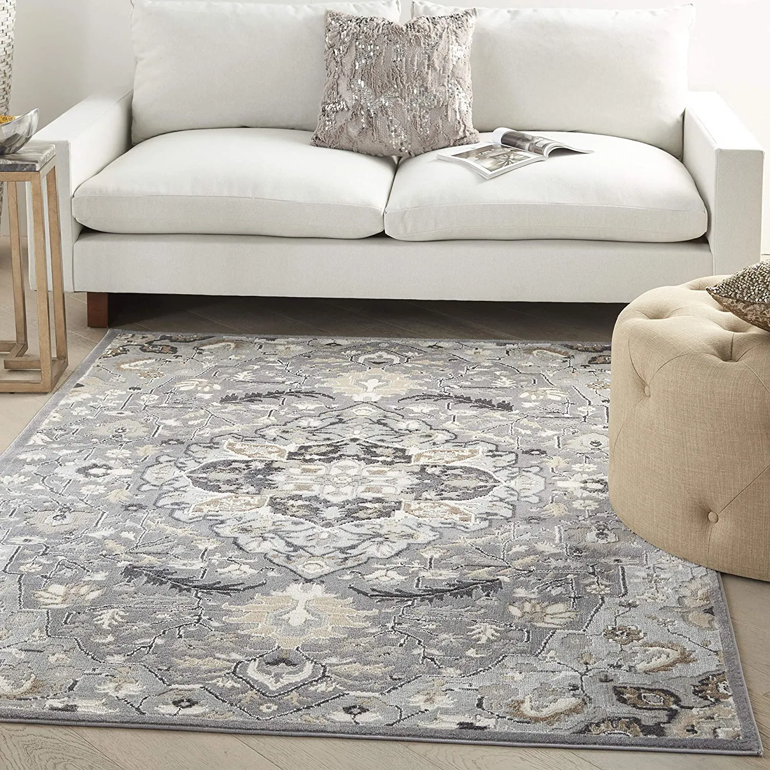 New Nourison Persian Inspired Floral Medallion Elation ETN09 Ivory/Grey Area Rug, 5'3" x 7'3", made in Turkey!