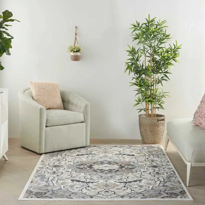 New Nourison Persian Inspired Floral Medallion Elation ETN09 Ivory/Grey Area Rug, 5'3" x 7'3", made in Turkey!