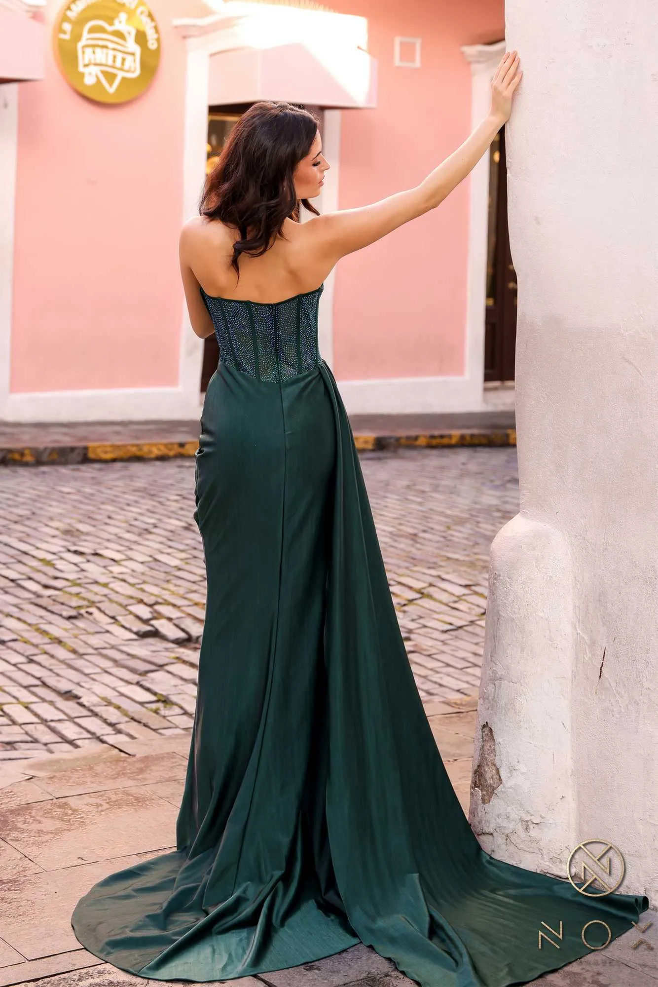 Nox Anabel G1367 Long Side Sash Strapless Fitted Sexy Satin Gown