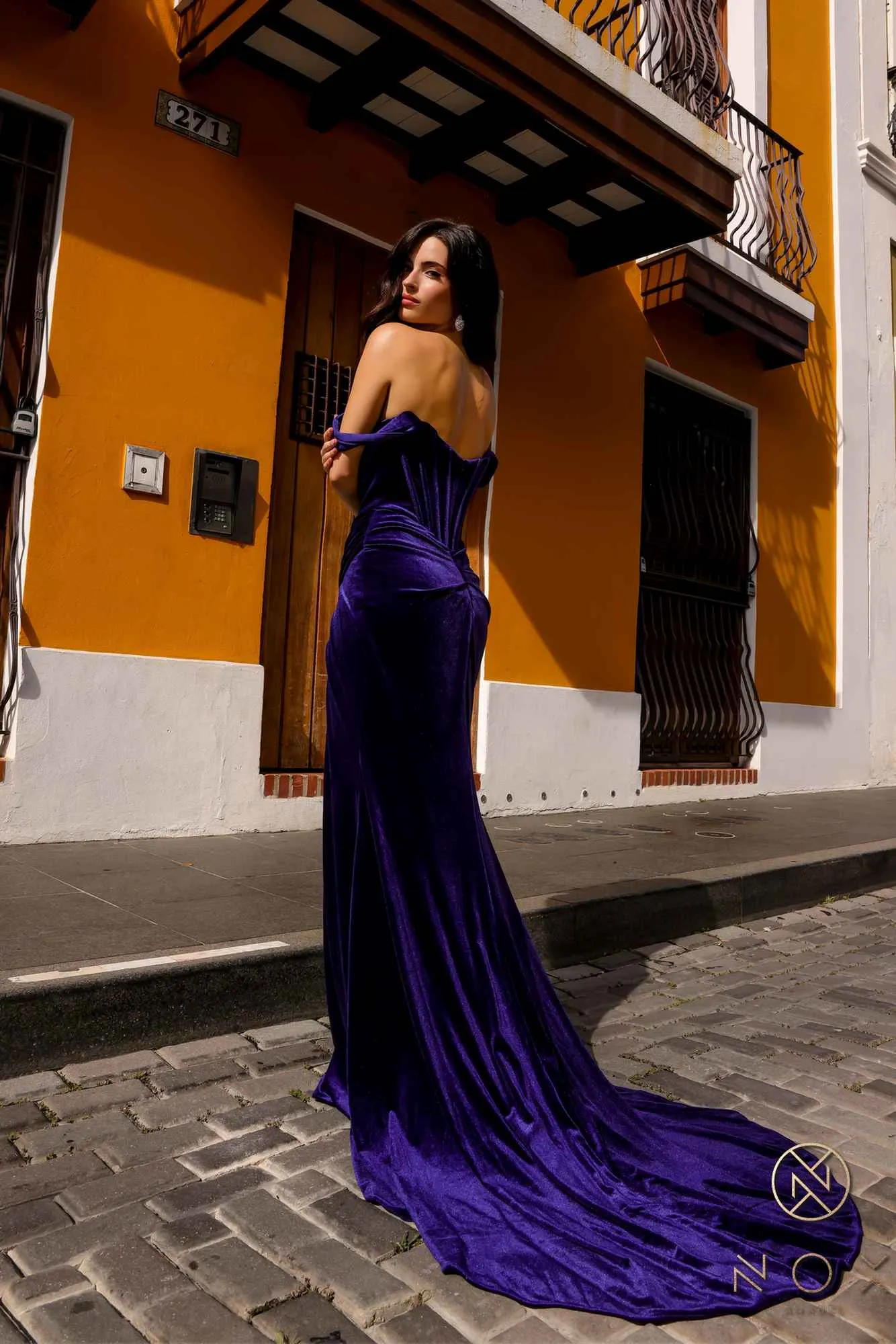 Nox Anabel R1244 Long Off the Shoulder Draped Sleeve Velvet Fitted Gown