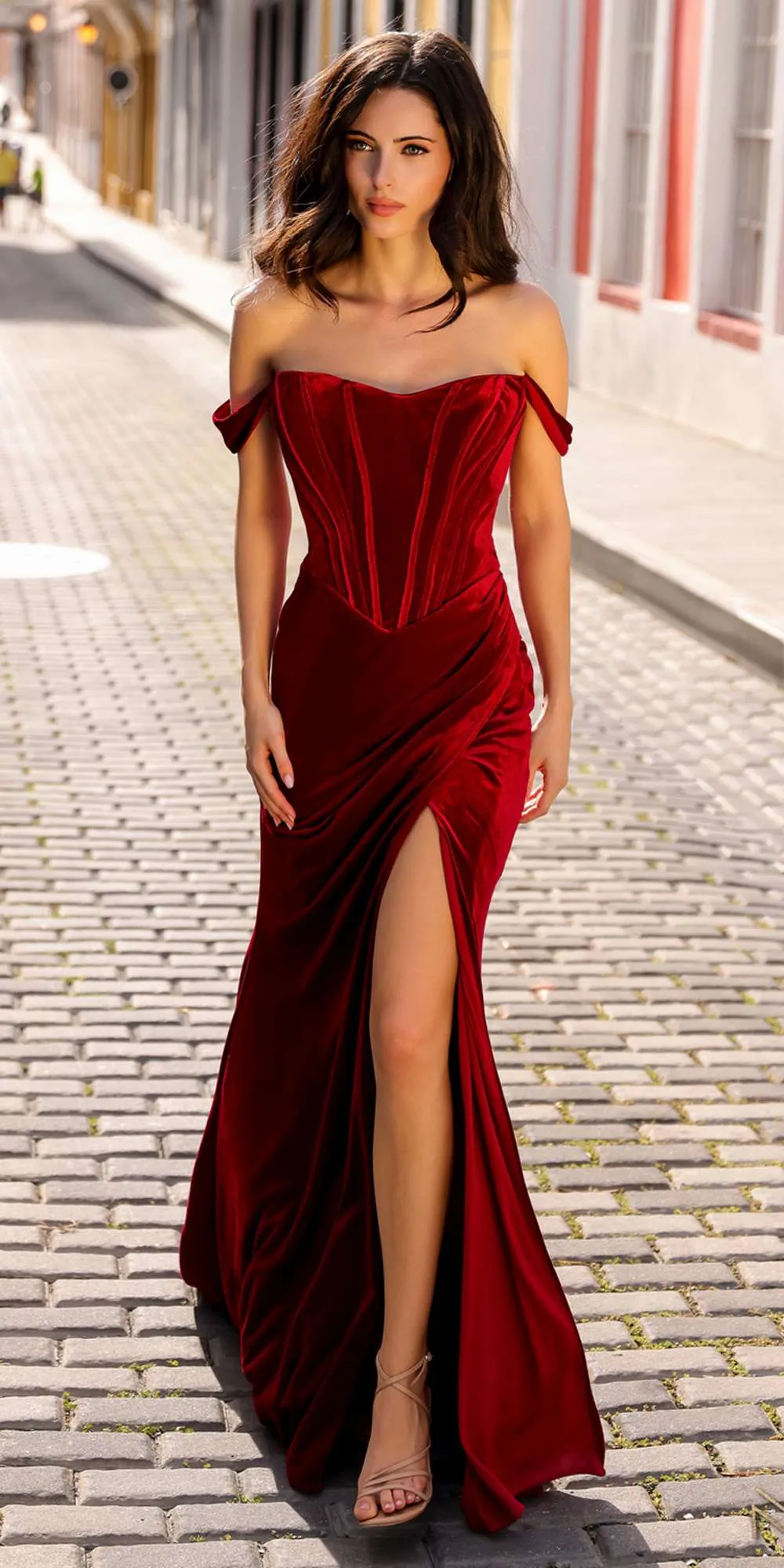 Nox Anabel R1244 Long Off the Shoulder Draped Sleeve Velvet Fitted Gown