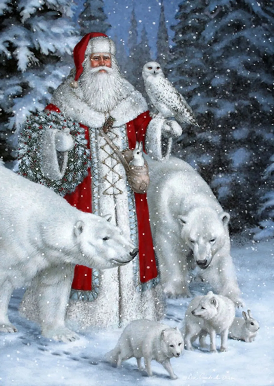 Old Man Christmas and Forest Animals 1 AI Enhanced Digital Art Print Download – Vintage Holiday Santa Claus Illustration 1 Woodland Creatures
