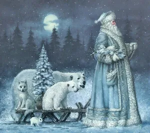Old Man Christmas and Forest Animals 4 AI Enhanced Digital Art Print Download – Vintage Holiday Santa Claus Illustration 1 Woodland Creatures
