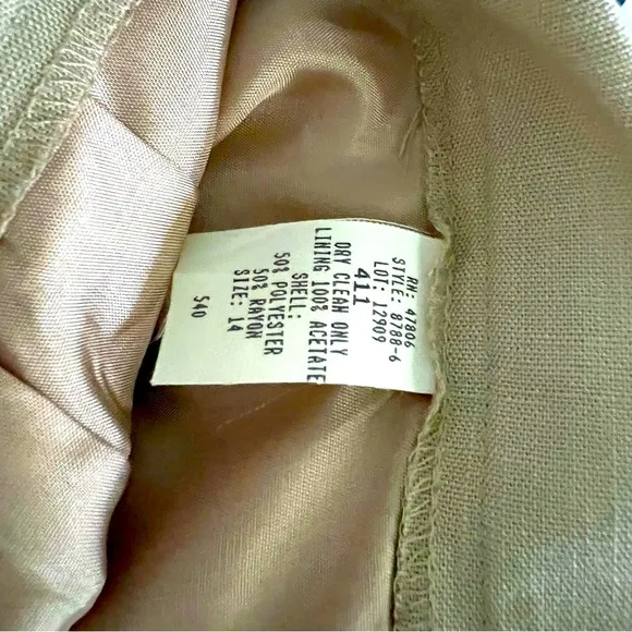 Oleg Cassini: NEW Fully Lined Tan skirt Set, short sleeve, off white trim Sz 14.