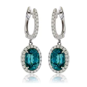 Oval Blue Zircon & Diamond Halo Dangle Earrings
