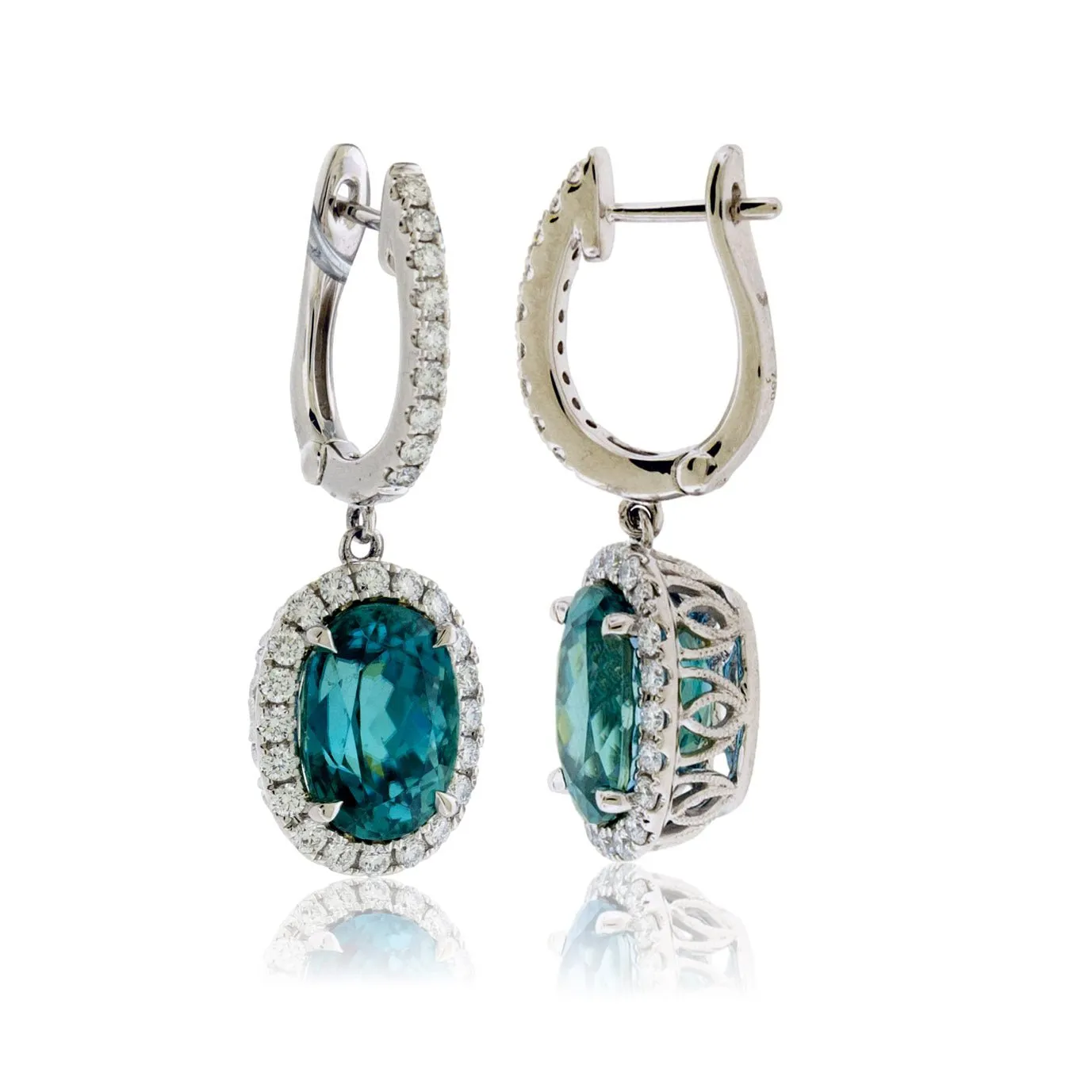 Oval Blue Zircon & Diamond Halo Dangle Earrings