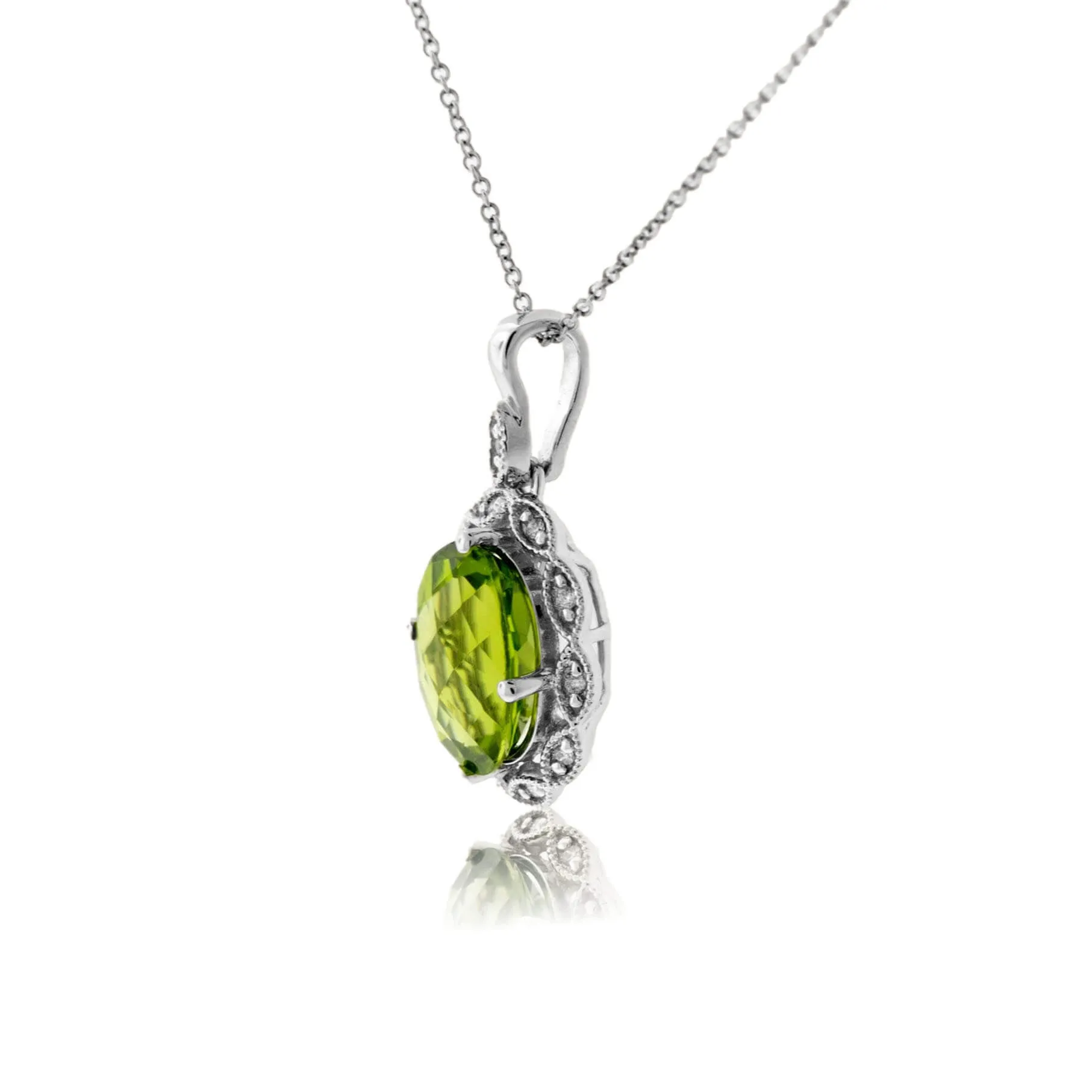 Oval-Cut Peridot & Vintage Inspired Diamond Halo Pendant