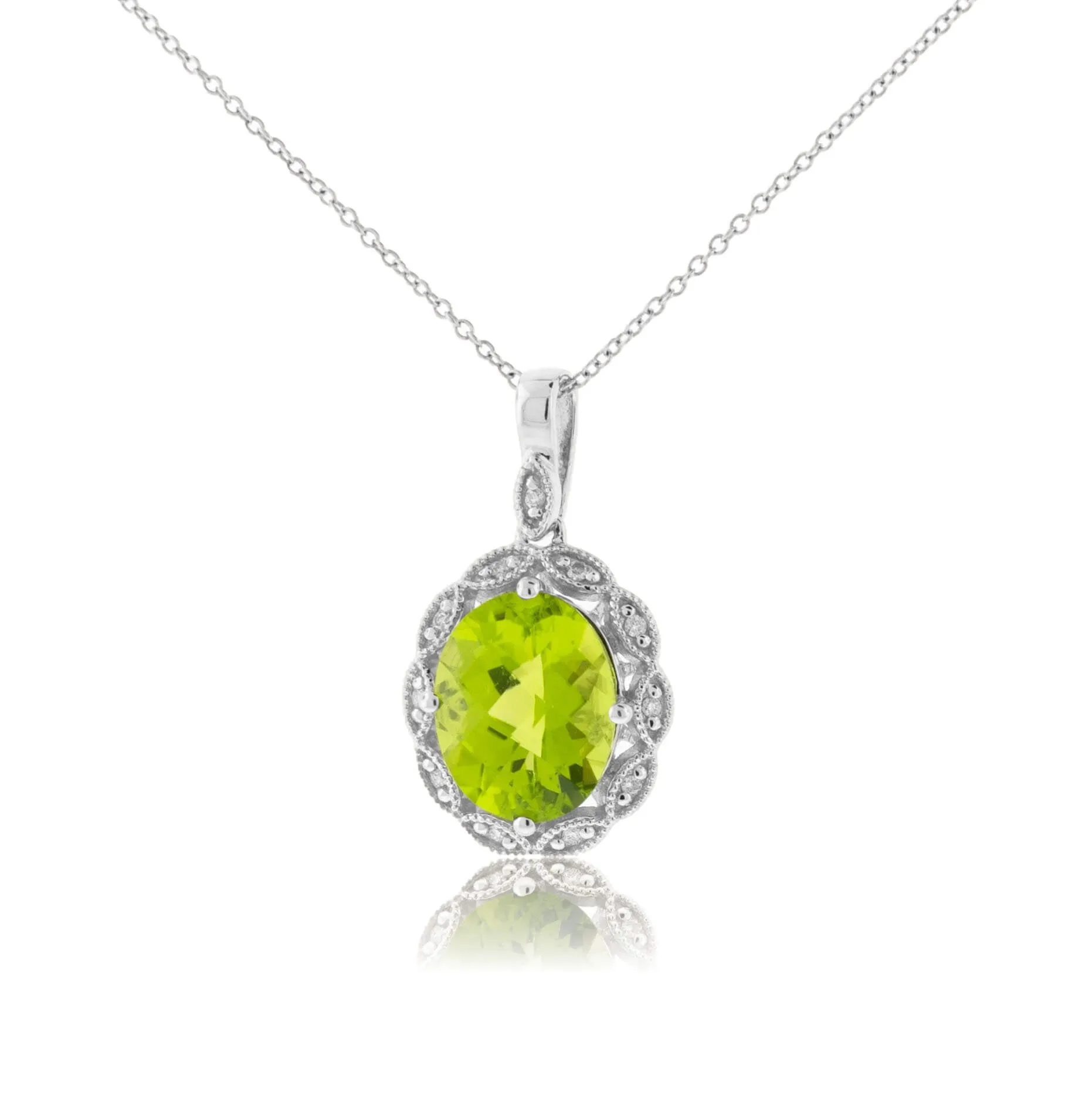 Oval-Cut Peridot & Vintage Inspired Diamond Halo Pendant