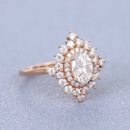 Oval Moissanite Engagement Ring and 14k Rose Gold Diamond Wedding Ring Bridal 5x7mm Forever One Moissanite Ring Vintage Inspired Rings