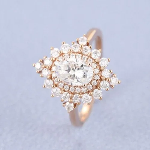 Oval Moissanite Engagement Ring and 14k Rose Gold Diamond Wedding Ring Bridal 5x7mm Forever One Moissanite Ring Vintage Inspired Rings
