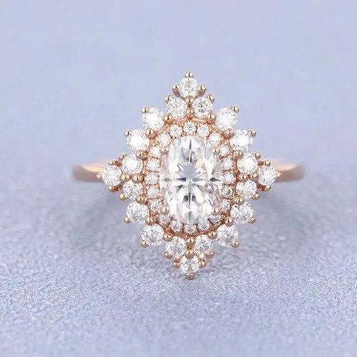 Oval Moissanite Engagement Ring and 14k Rose Gold Diamond Wedding Ring Bridal 5x7mm Forever One Moissanite Ring Vintage Inspired Rings