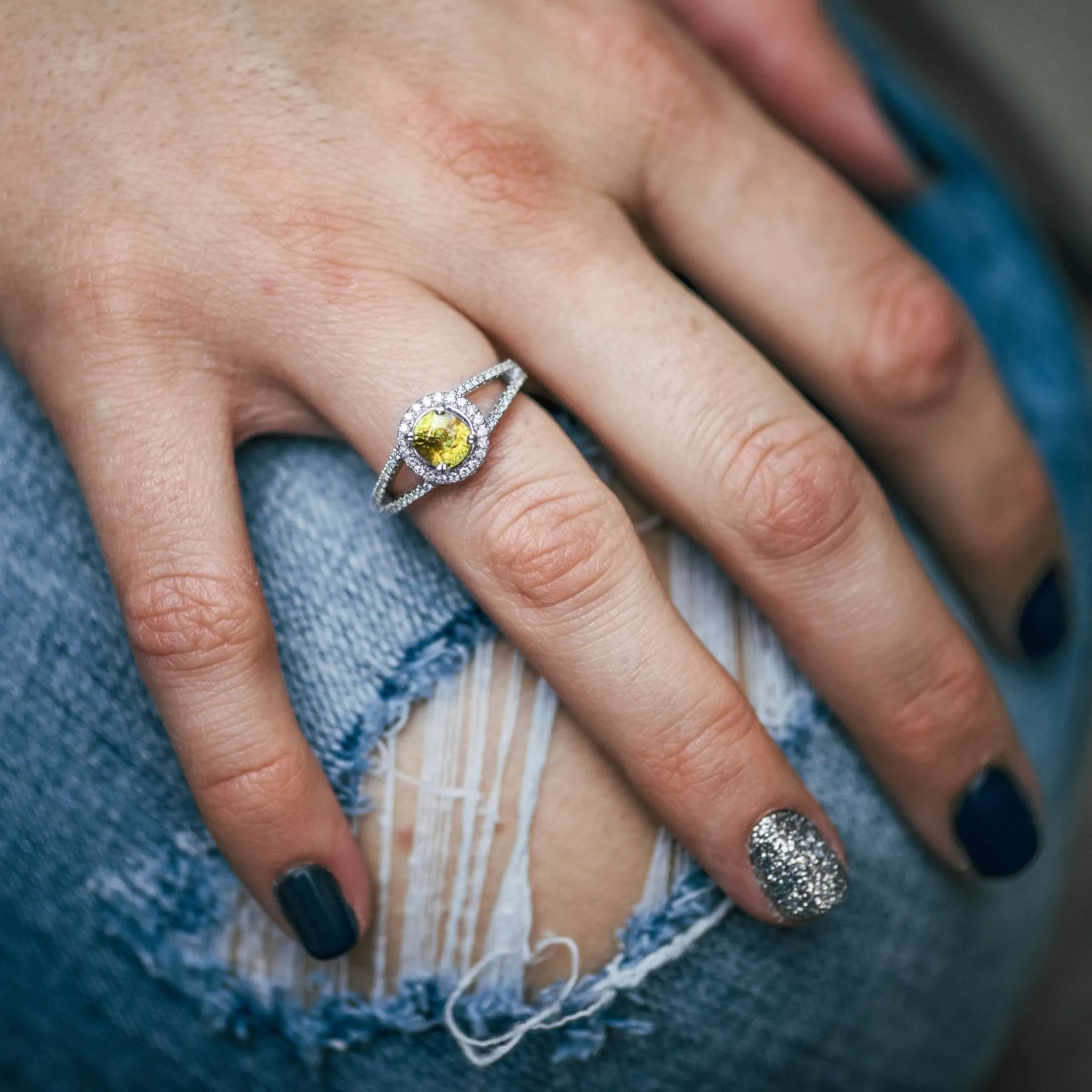 Oval Sphene and Diamond Halo Split Shank Band