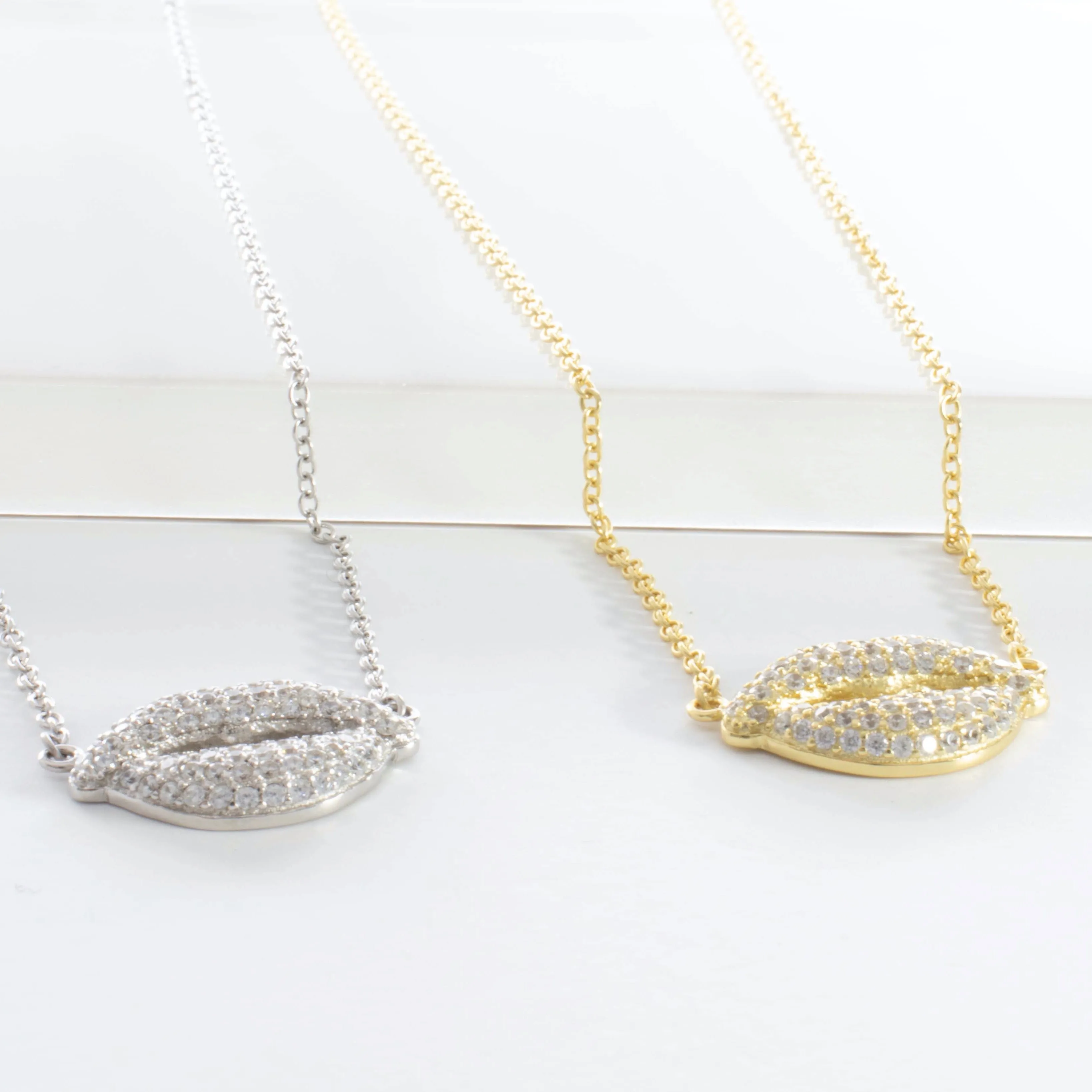 Pave Lips Pendant Necklace - Gold or Silver