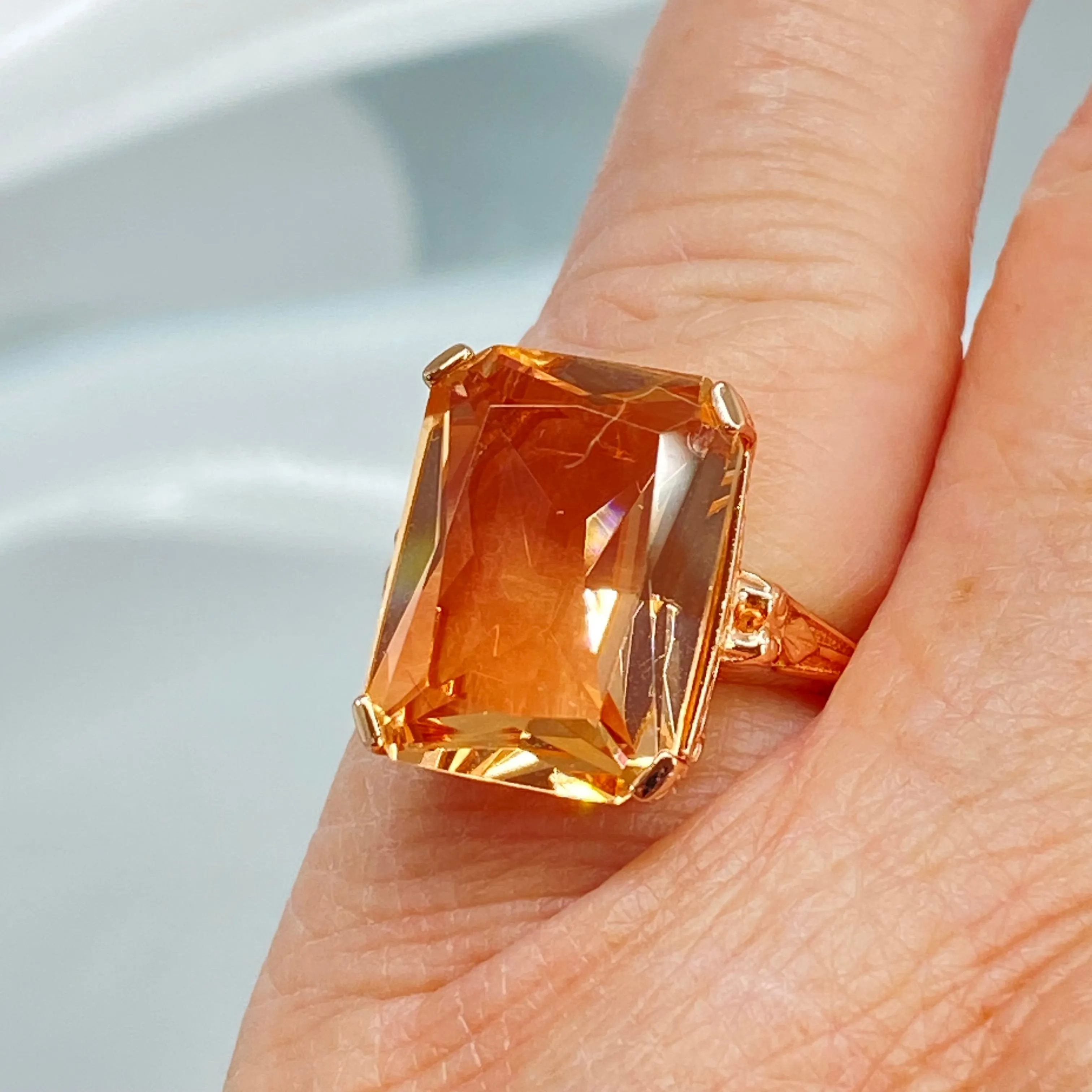 Peach Topaz Ring, 10ct Rectangle Gem, Rose Gold Vintage Jewelry #D5
