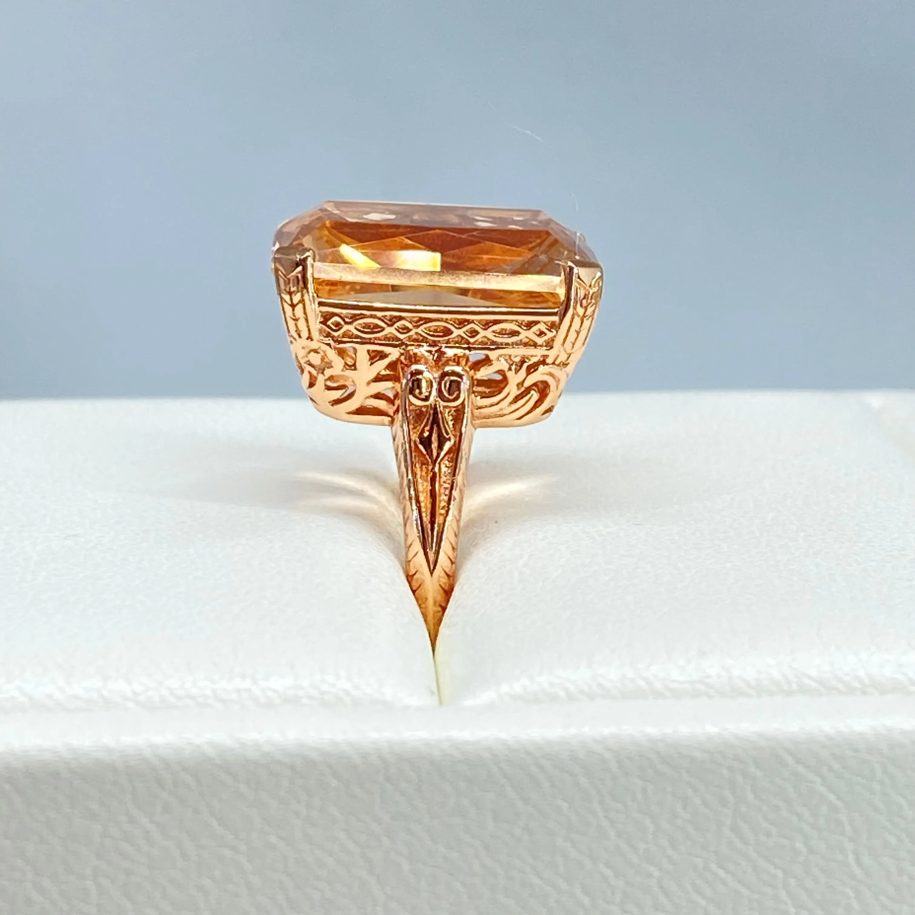 Peach Topaz Ring, 10ct Rectangle Gem, Rose Gold Vintage Jewelry #D5