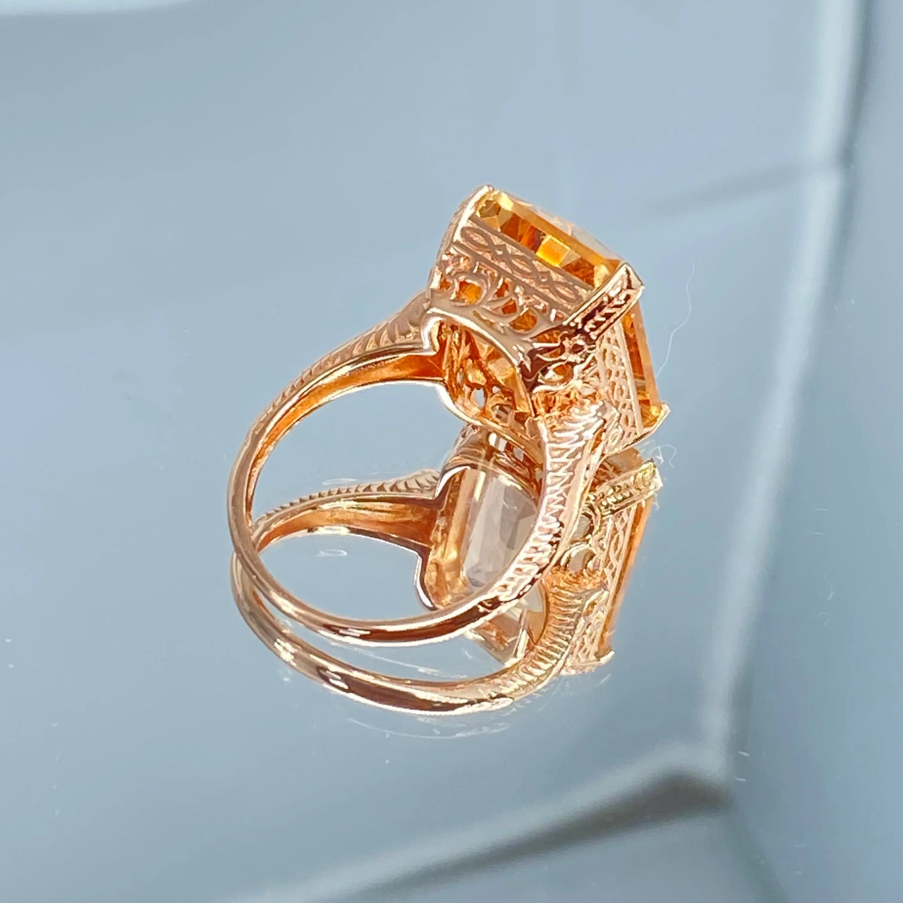 Peach Topaz Ring, 10ct Rectangle Gem, Rose Gold Vintage Jewelry #D5