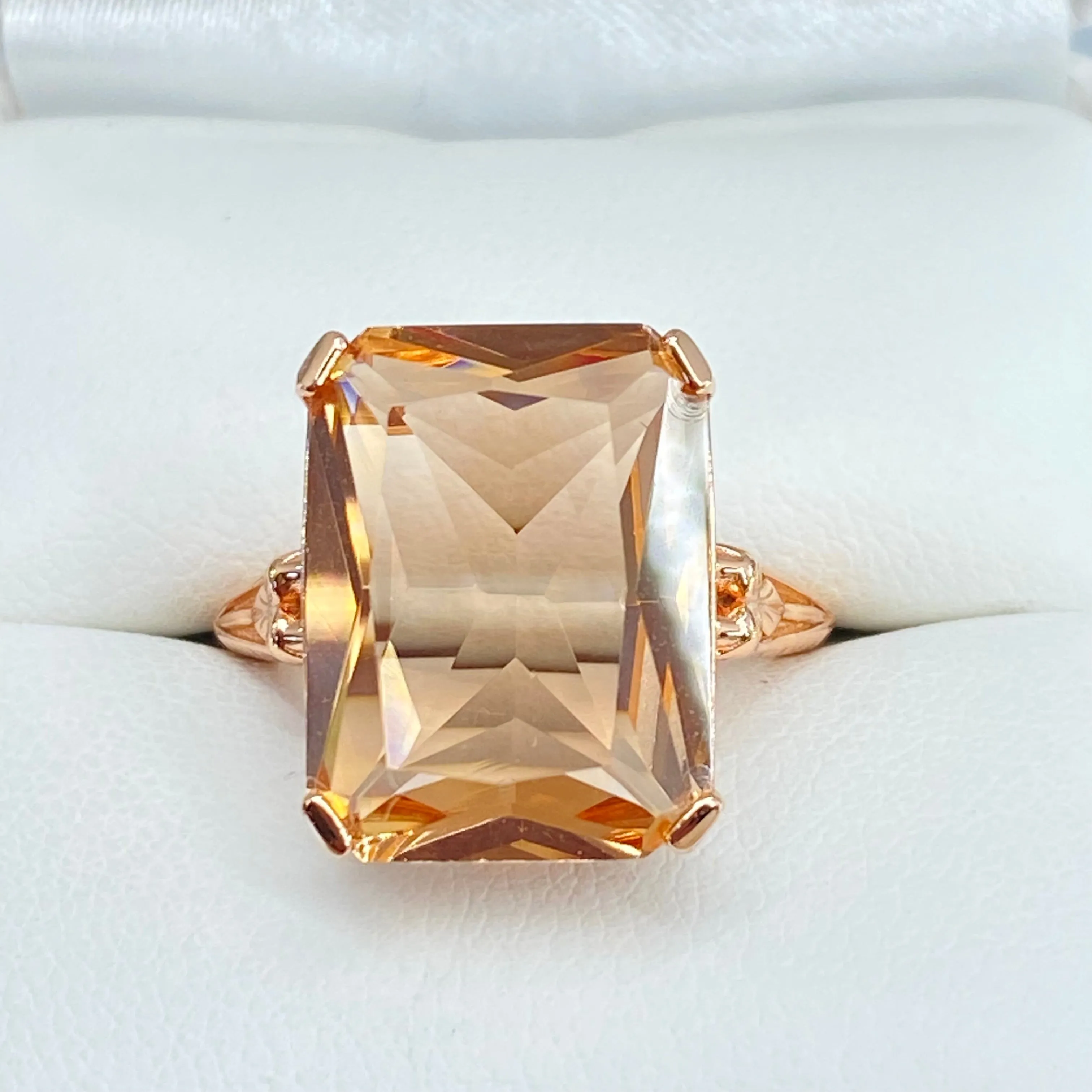 Peach Topaz Ring, 10ct Rectangle Gem, Rose Gold Vintage Jewelry #D5