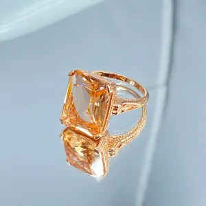 Peach Topaz Ring, 10ct Rectangle Gem, Rose Gold Vintage Jewelry #D5
