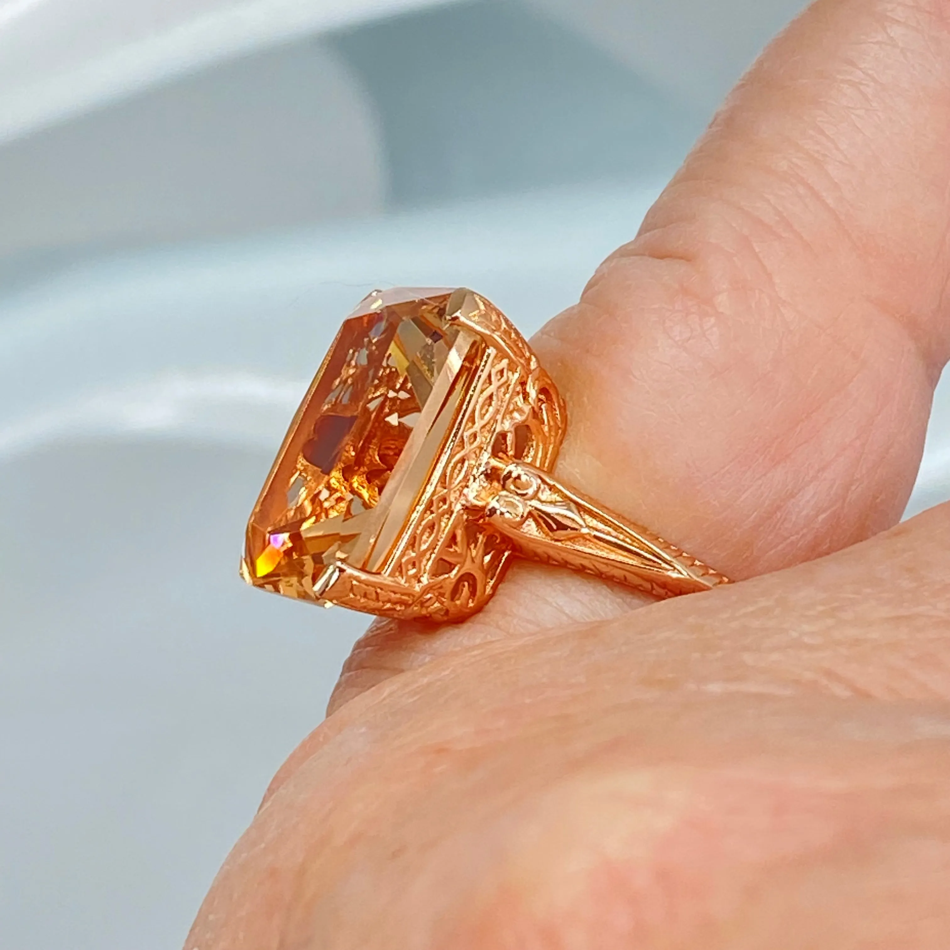 Peach Topaz Ring, 10ct Rectangle Gem, Rose Gold Vintage Jewelry #D5