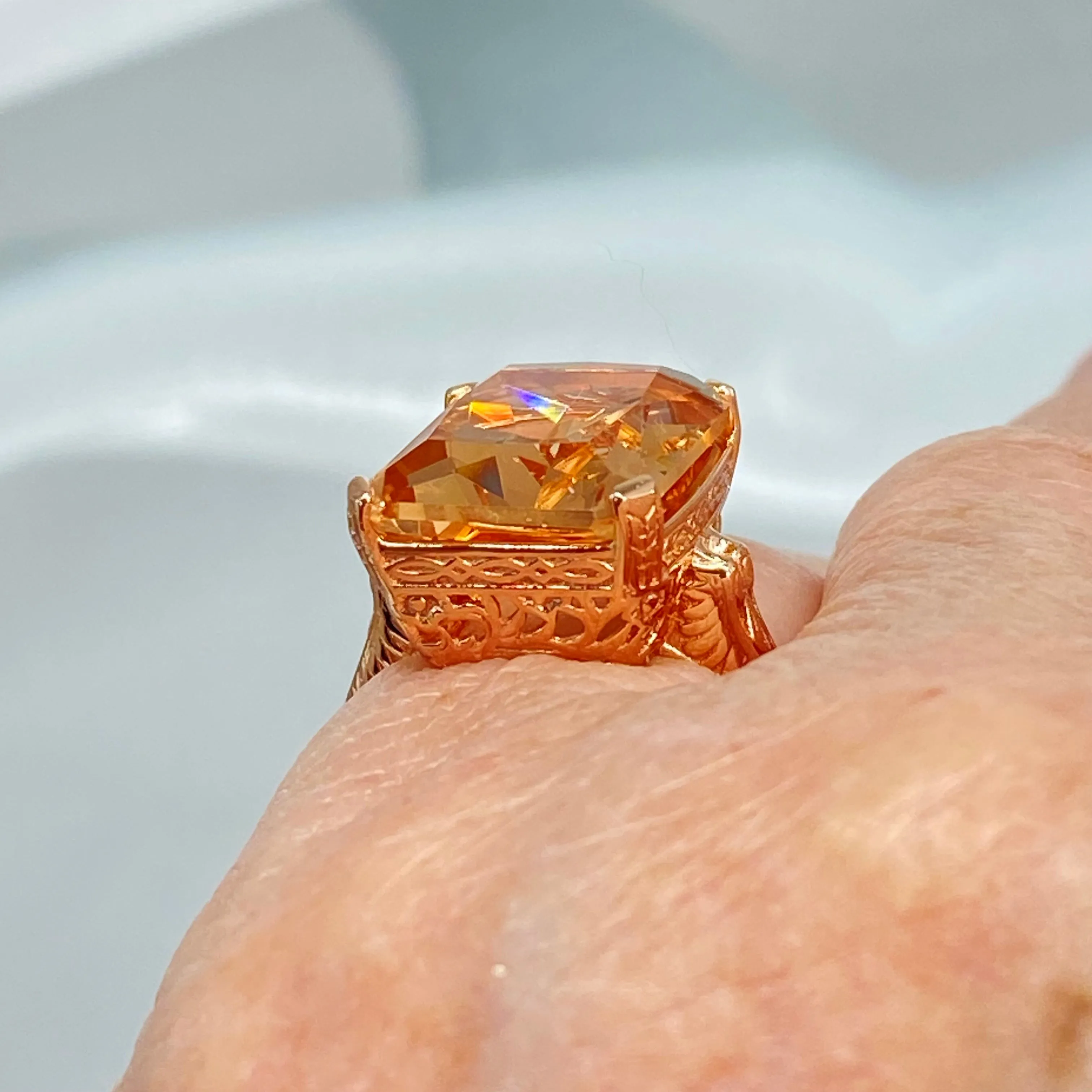 Peach Topaz Ring, 10ct Rectangle Gem, Rose Gold Vintage Jewelry #D5