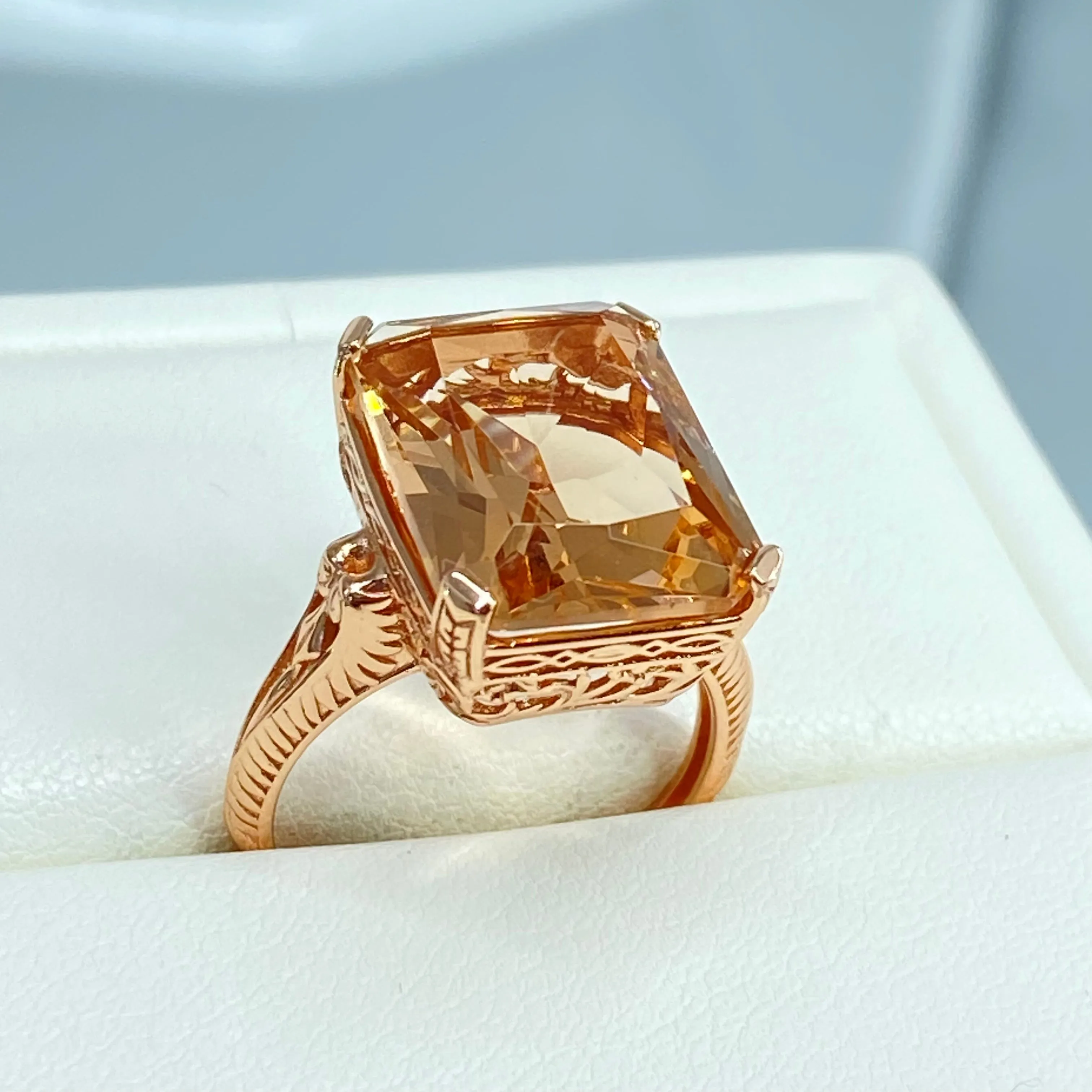Peach Topaz Ring, 10ct Rectangle Gem, Rose Gold Vintage Jewelry #D5