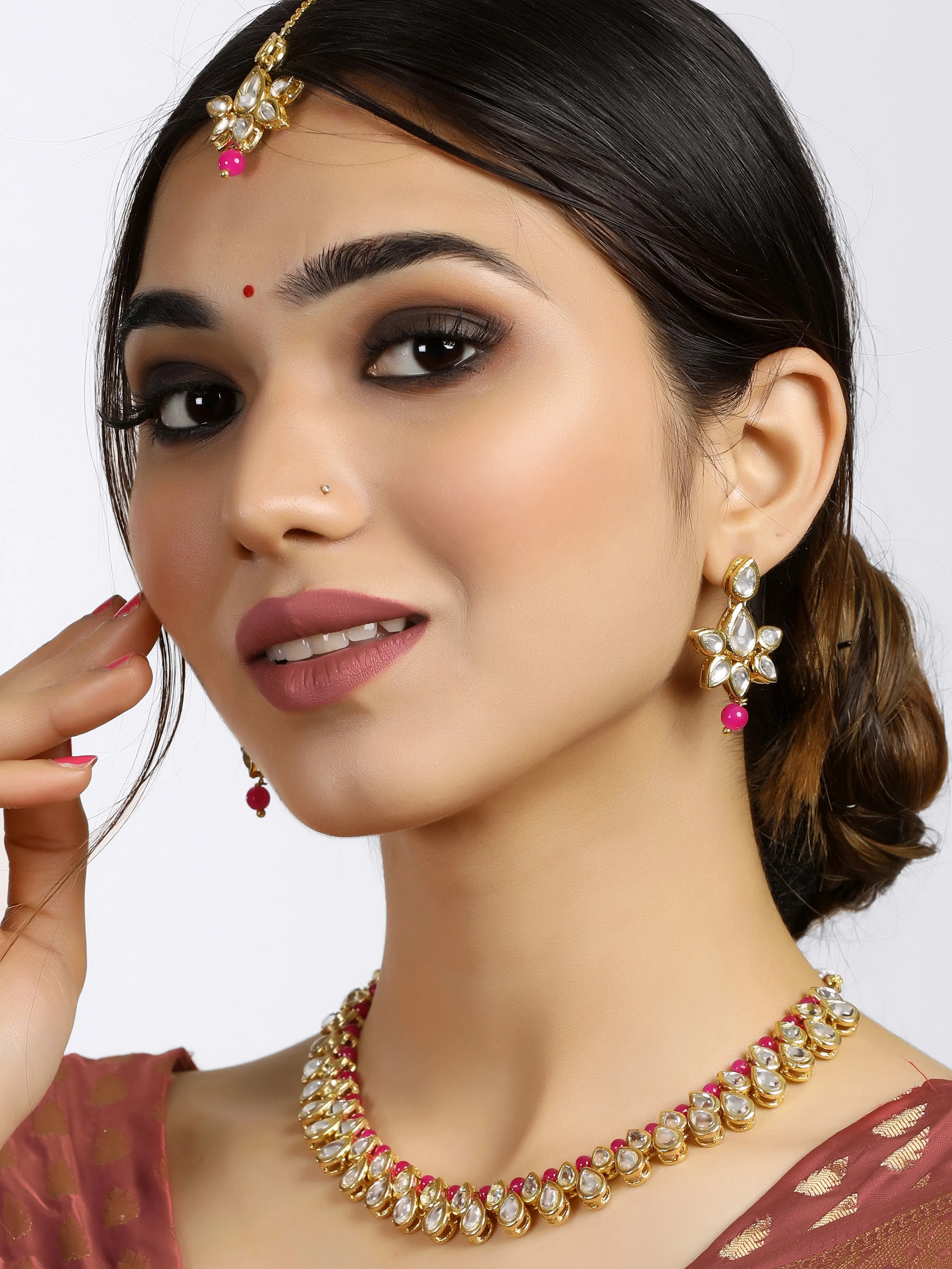 Pink Beads Studded Kundan Necklace Set