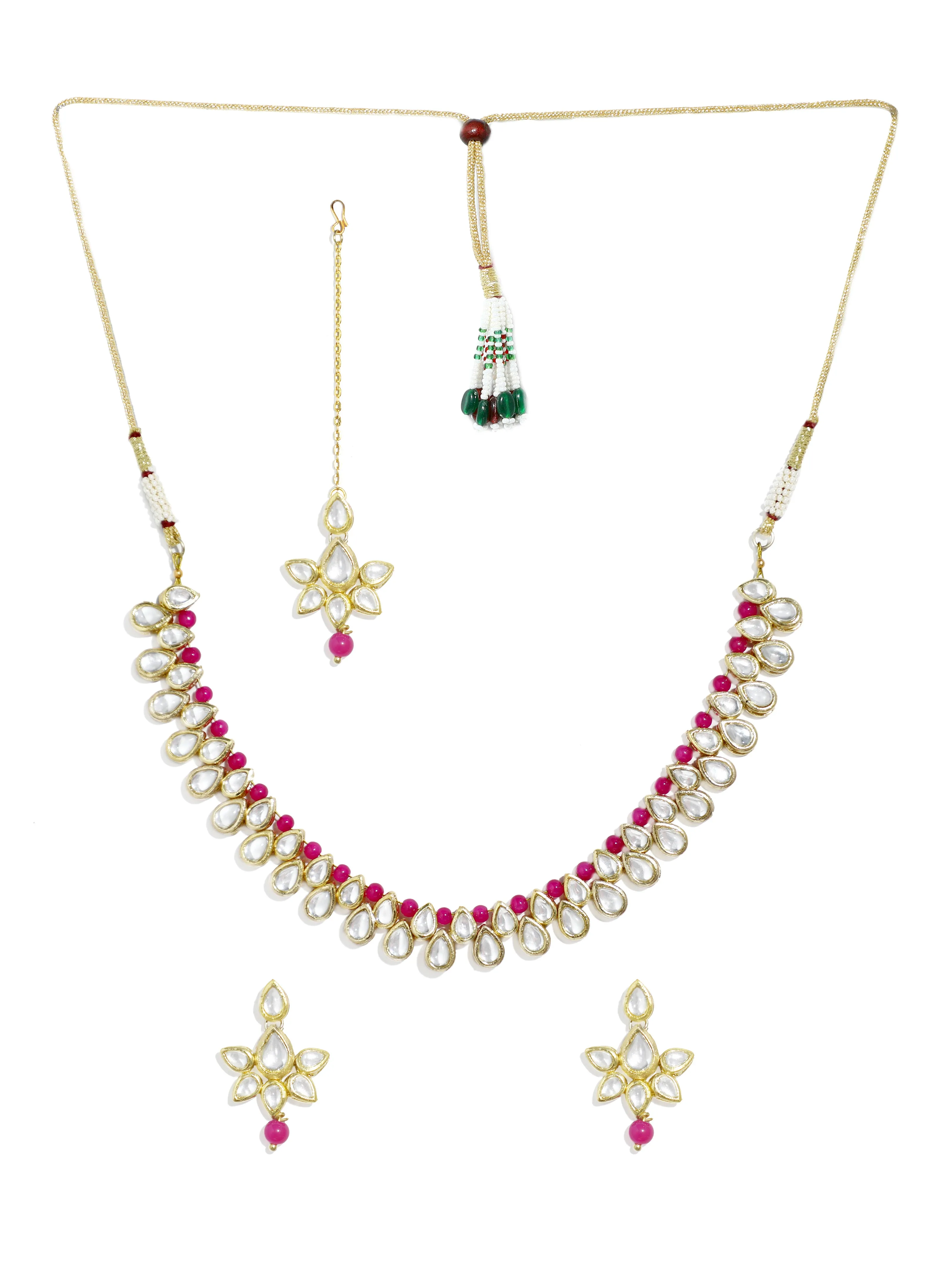 Pink Beads Studded Kundan Necklace Set