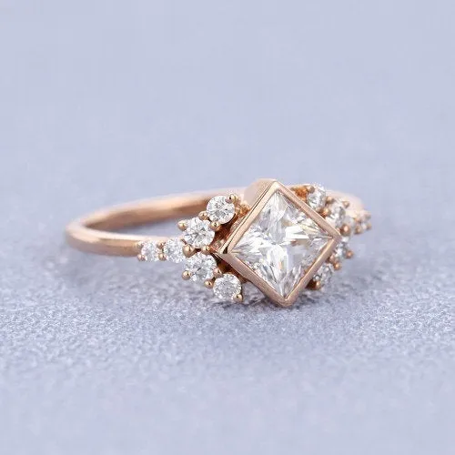 Princess cut Moissanite ring Engagement Ring rose gold women Vintage Cluster ring bridal jewelry Promise Anniversary Gift for Her woman