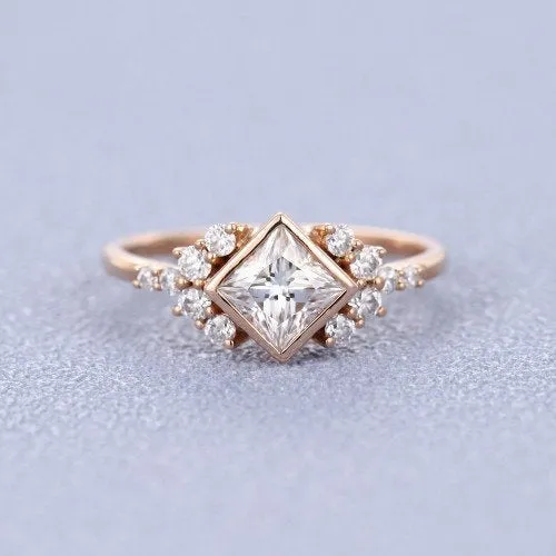 Princess cut Moissanite ring Engagement Ring rose gold women Vintage Cluster ring bridal jewelry Promise Anniversary Gift for Her woman