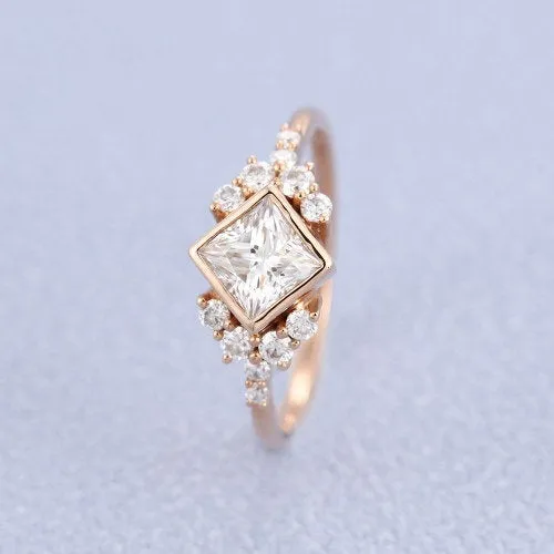 Princess cut Moissanite ring Engagement Ring rose gold women Vintage Cluster ring bridal jewelry Promise Anniversary Gift for Her woman