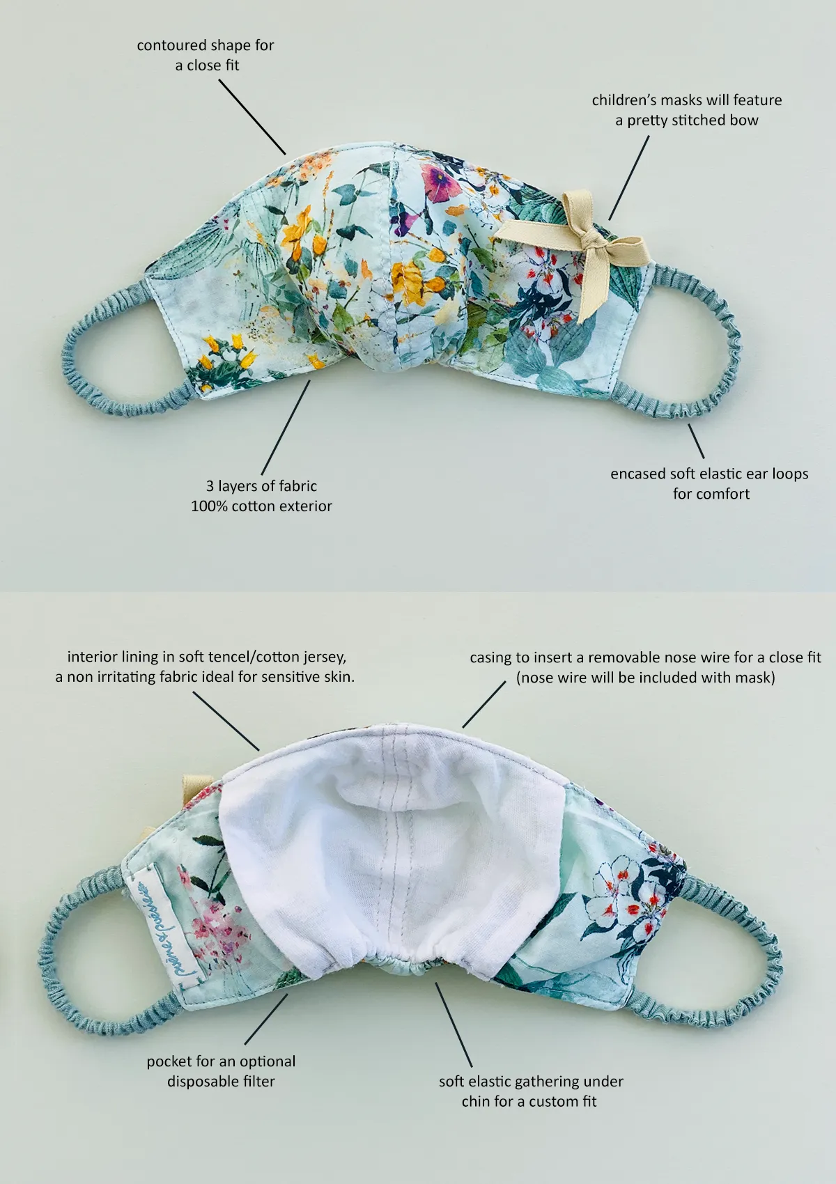 "Be Safe. Be Kind" Printed Heirloom Mask - Vintage Rose, Blue